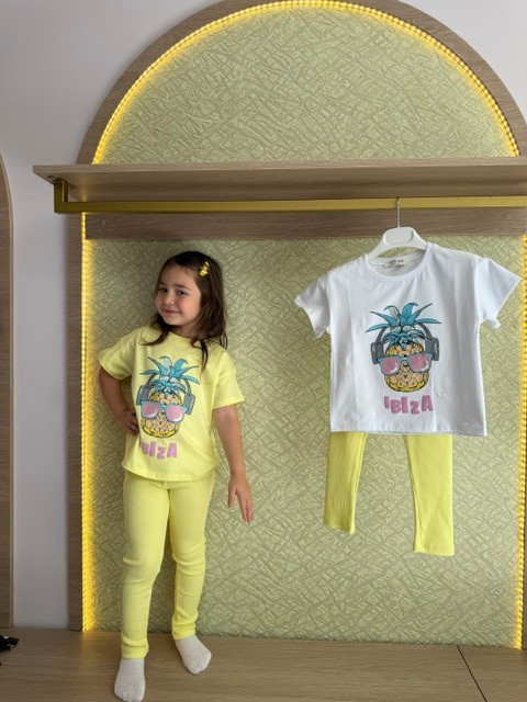 Simli Ananas Baskılı Sarı Kız Takım - beyaz