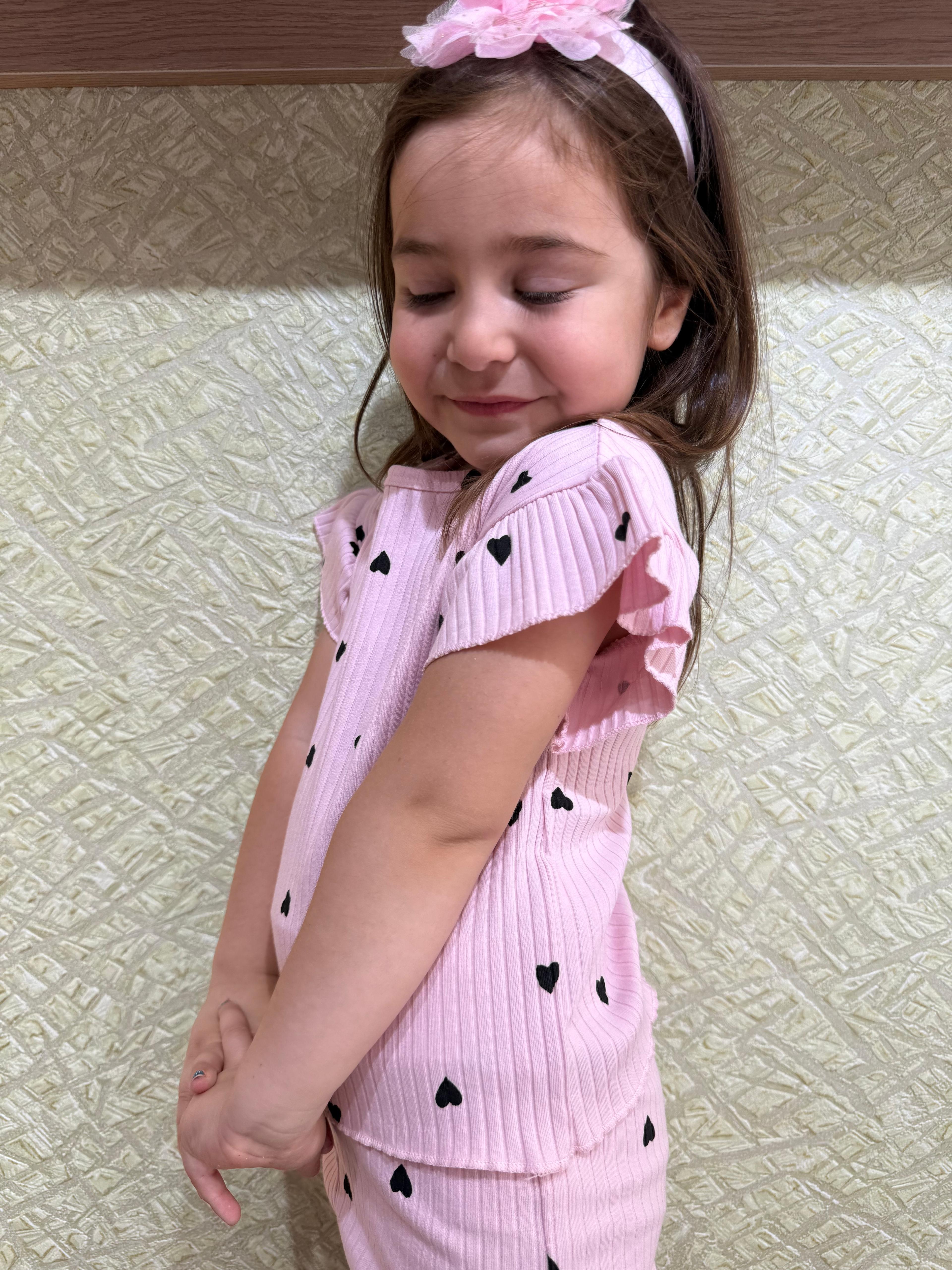 Kolu Fırfırlı Kalp Desenli Kız Takım - pembe