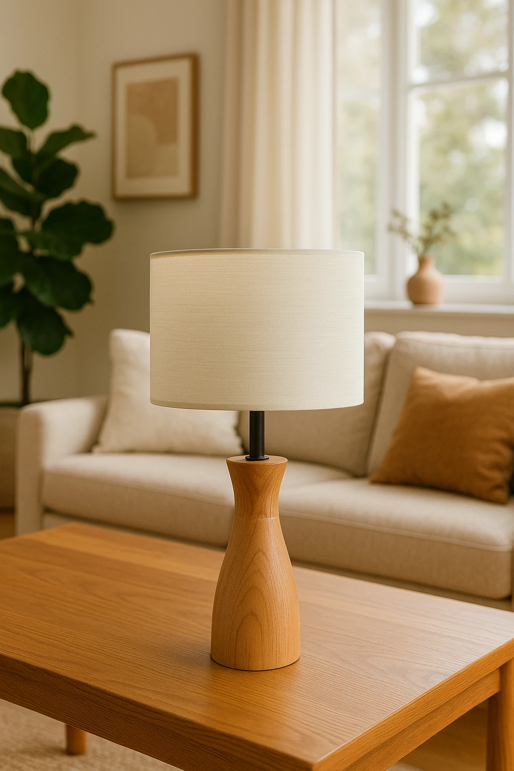 Ahşap Ayaklı Kumaş Silindir Başlı Modern Abajur Aurora