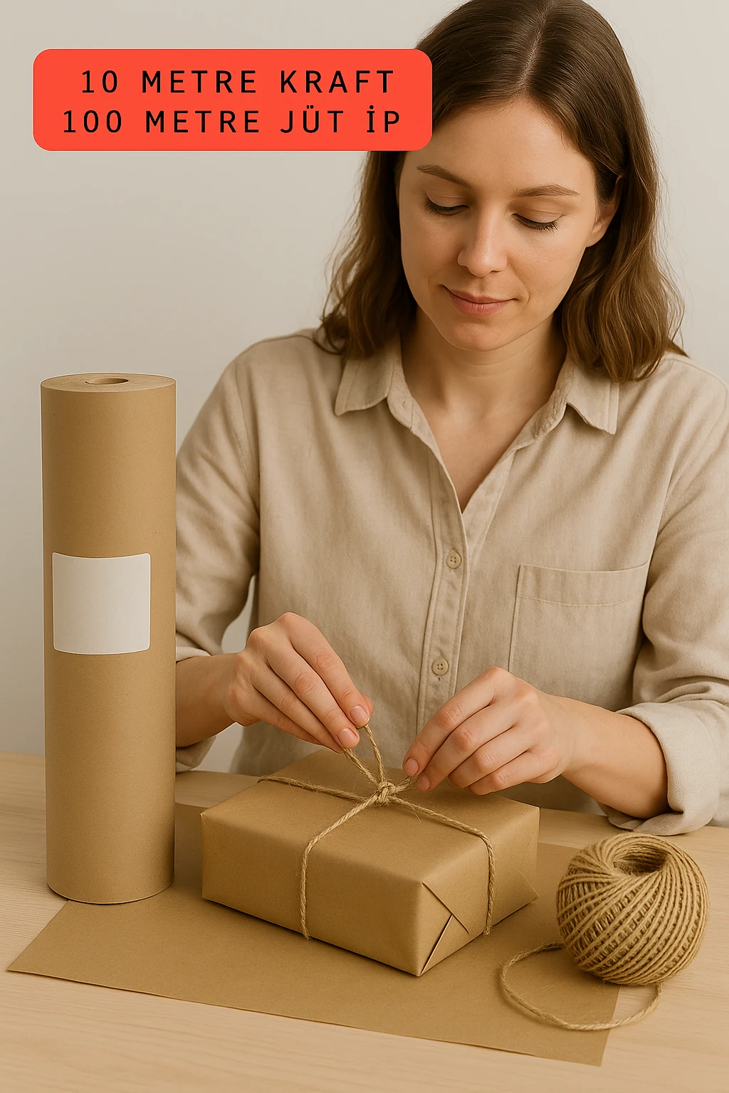 10 Metre Kraft Rulo Ambalaj Kağıdı ve 100 Metre Jüt Paketleme İpi