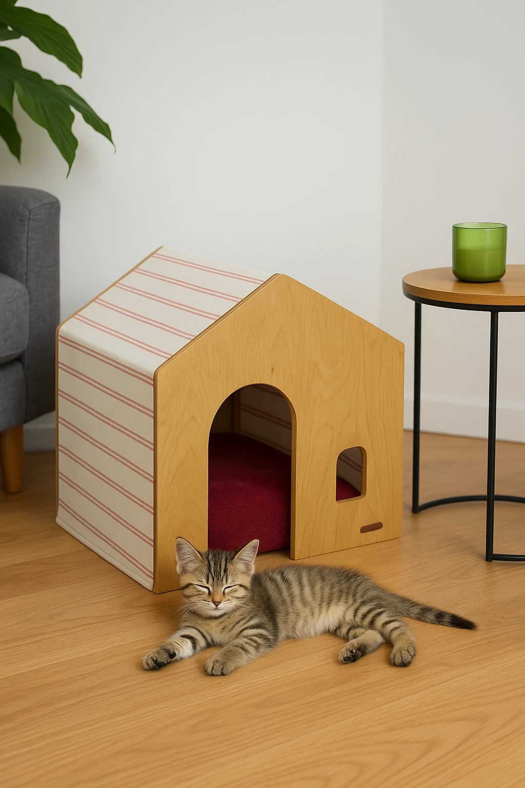 Demonte Ahşap Hava Alabilen Değiştirilebilir Kumaş Kedi ve Köpek Evi