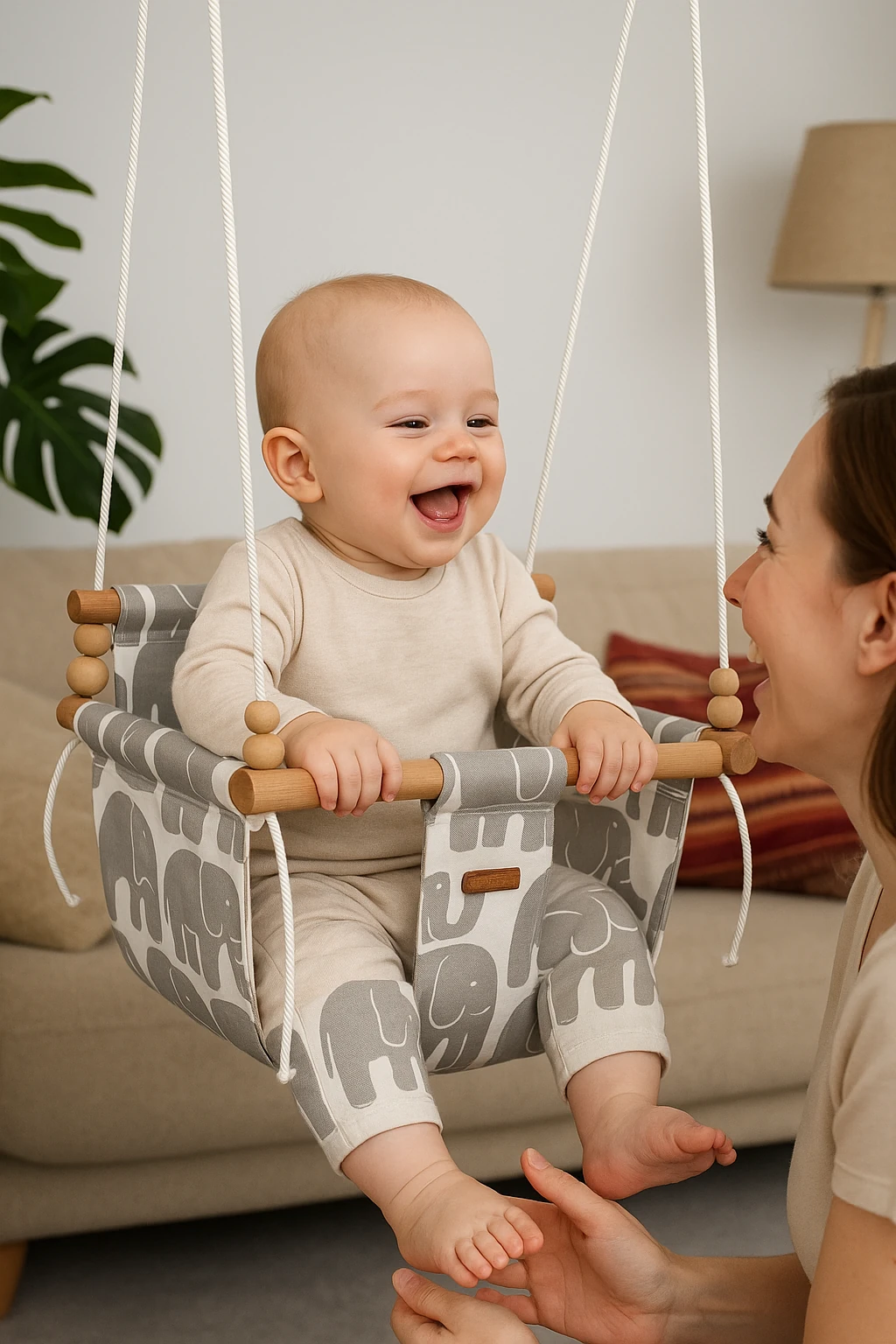 Fil Desenli Doğal Pamuk Kumaş & Ahşap Bebek Salıncağı