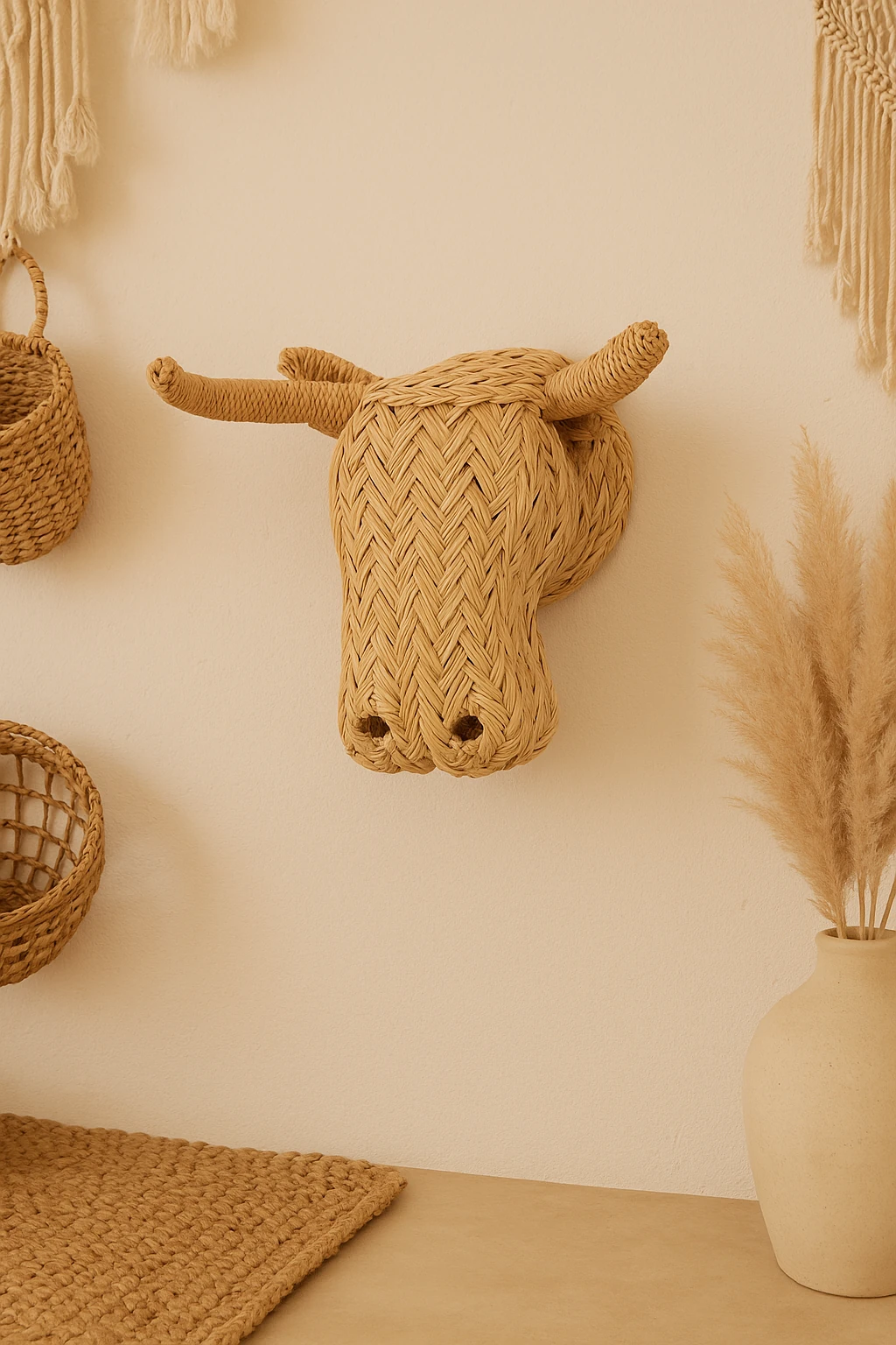 Doğal Esparto Örme Hayvan Kafası Duvar Dekorasyonu
