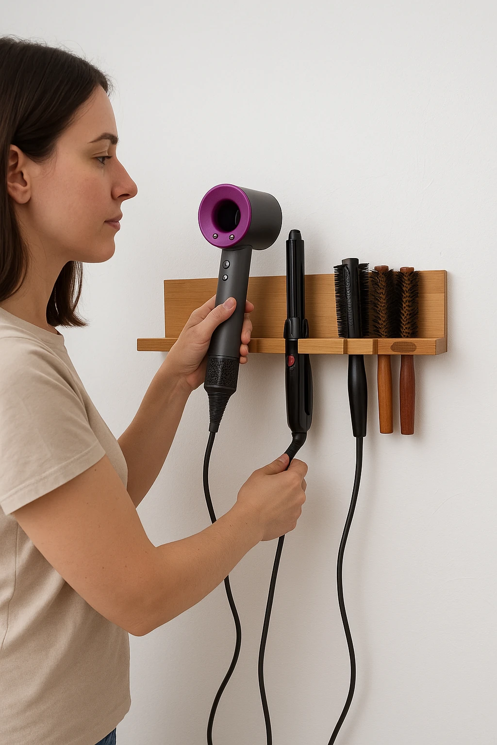 Duvara Monte Ahşap Saç Kurutma Makinesi Tutacağı