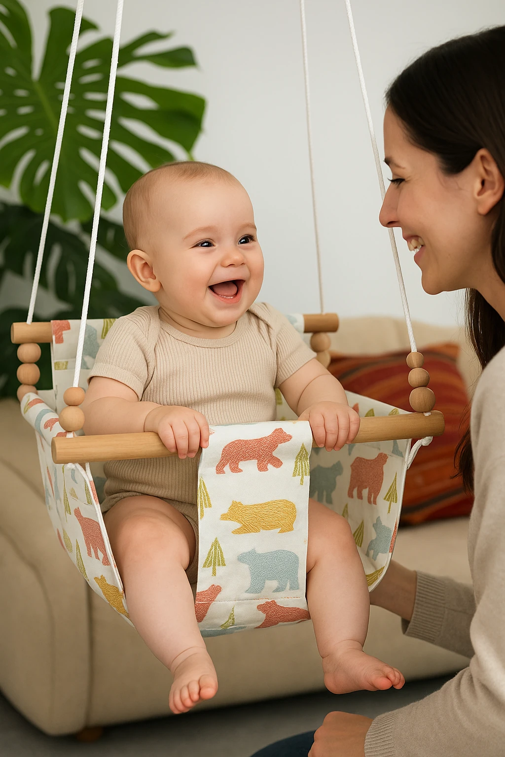 Ayı Desenli Doğal Pamuk Kumaş & Ahşap Bebek Salıncağı