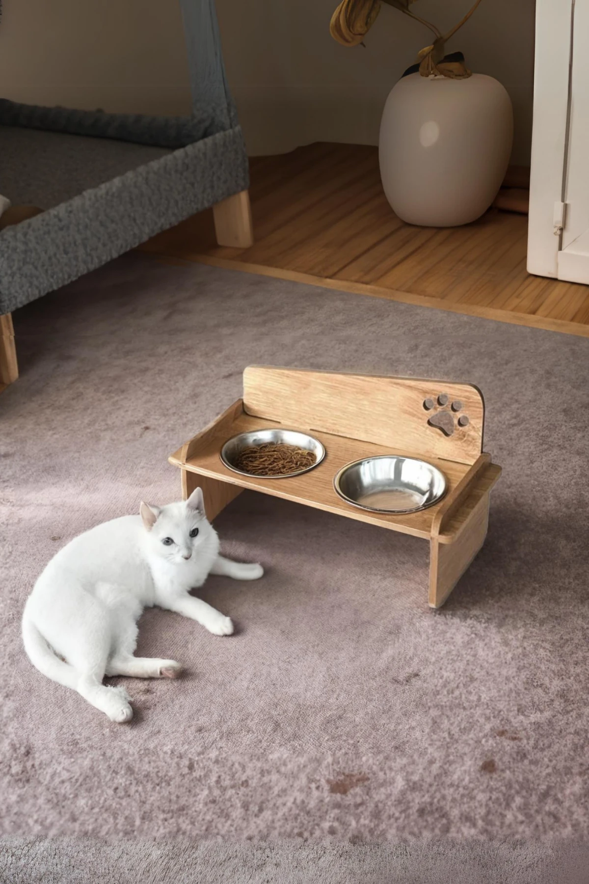 Ahşap Demonte Kedi Köpek Mama Su Kabı Standı