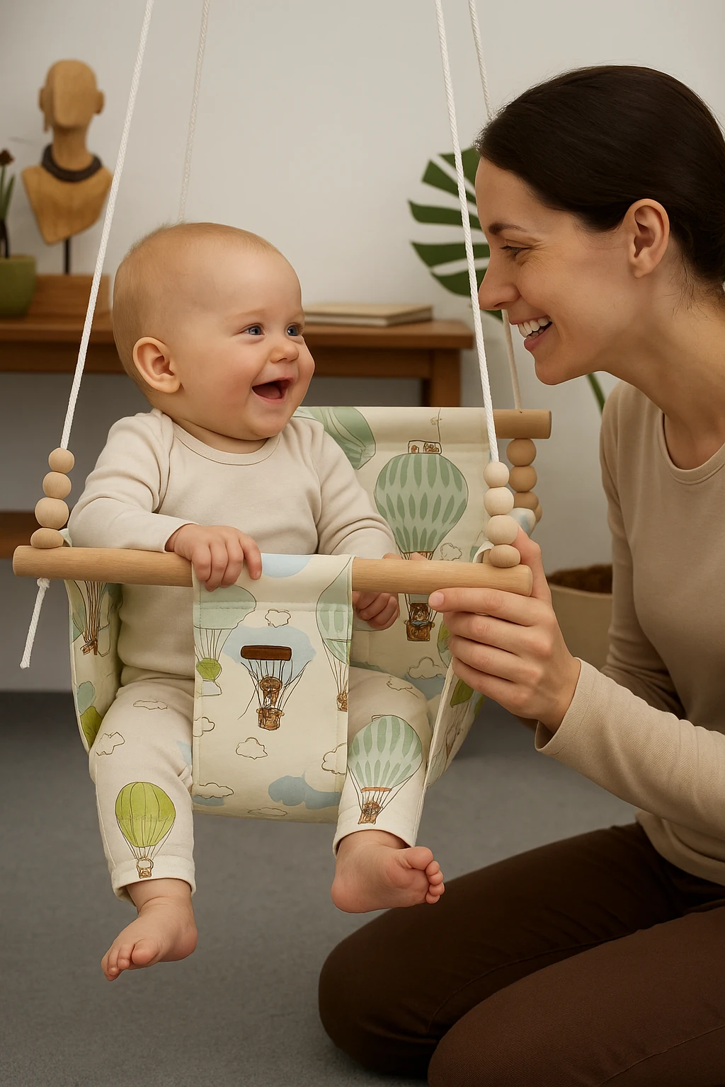 Hava Balonu Desenli Doğal Pamuk Kumaş & Ahşap Bebek Salıncağı