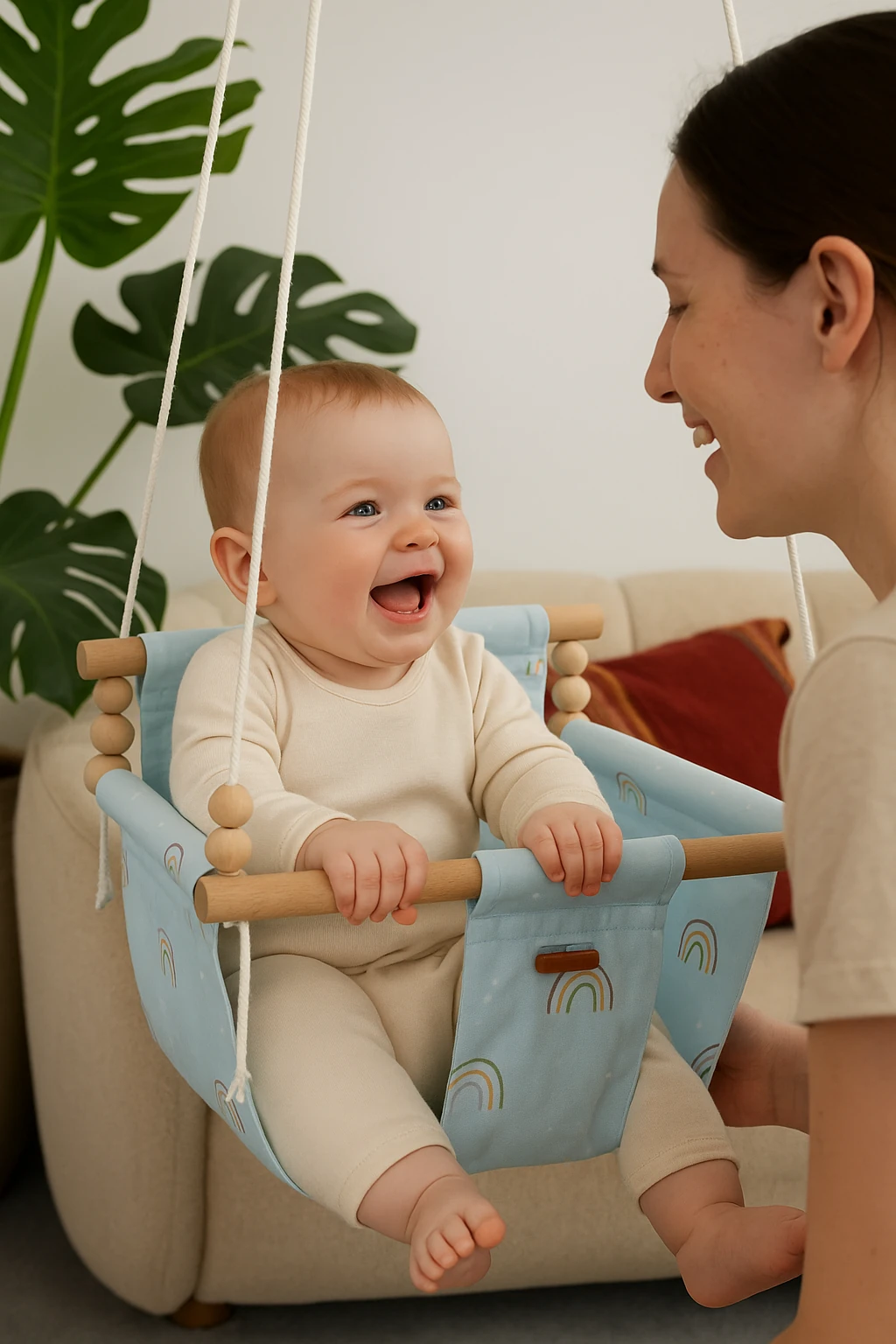 Gökkuşağı Desenli Doğal Pamuk Kumaş & Ahşap Bebek Salıncağı