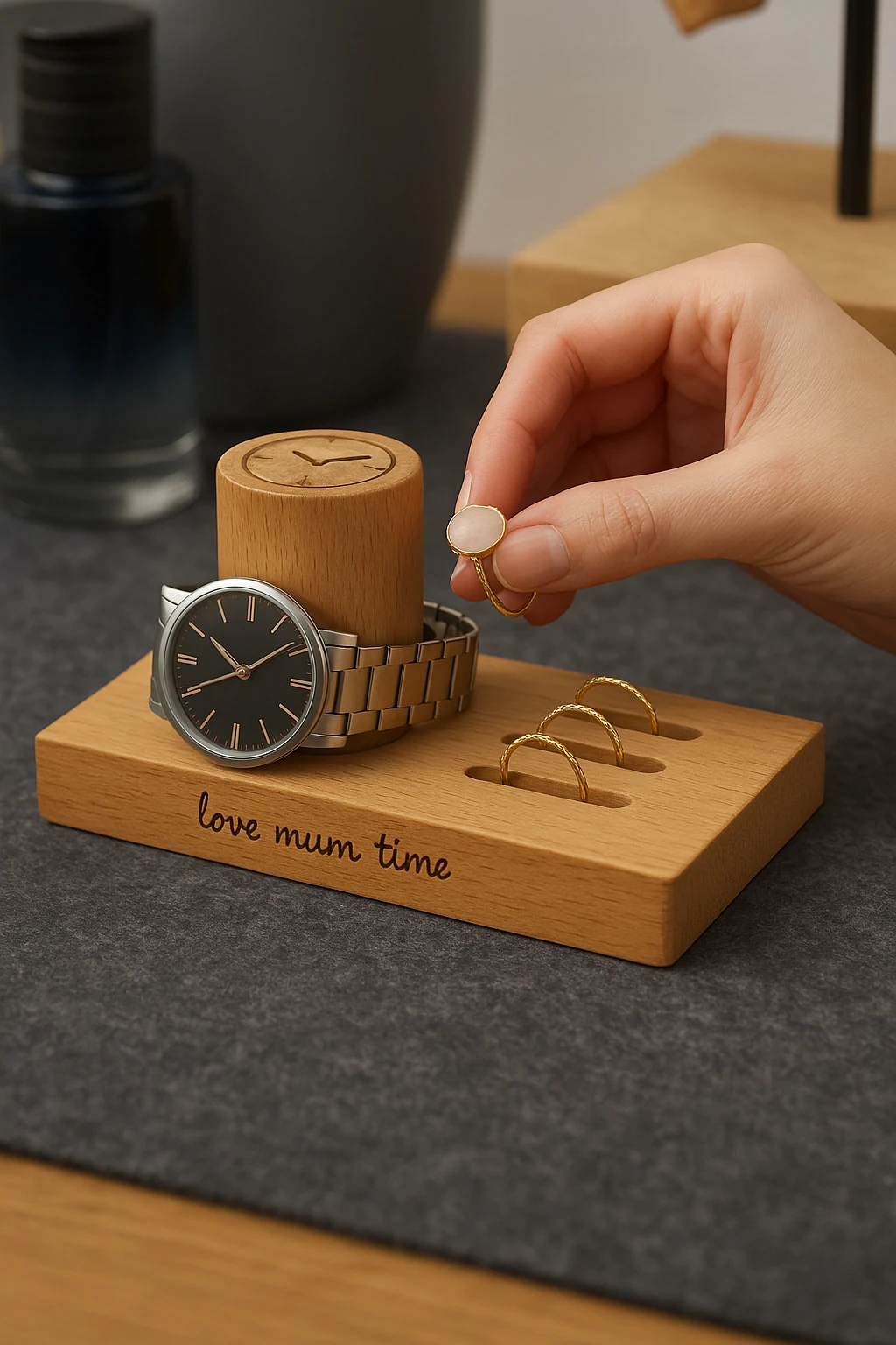 Masif Ahşap Saat & Yüzük Standı