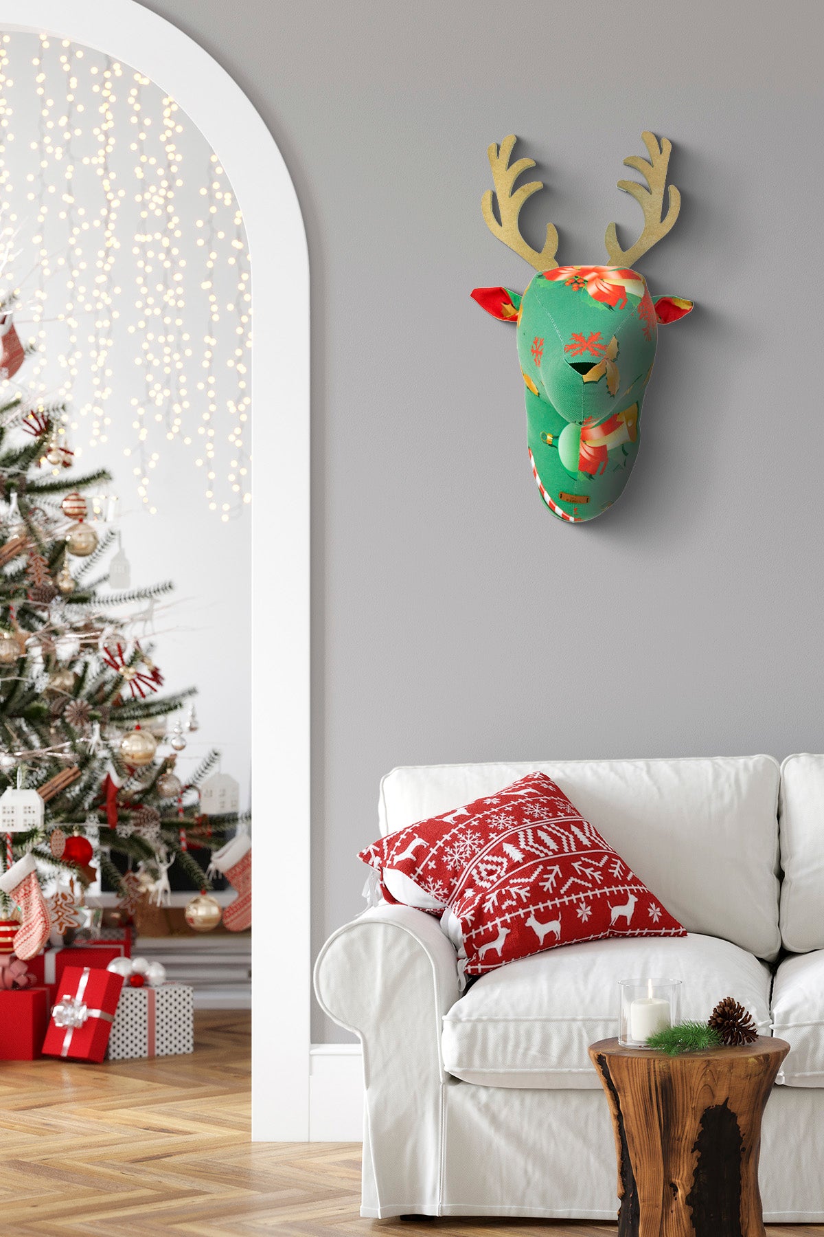 Yılbaşı Konsepti Kumaştan Geyik Kafası Duvar Dekoru Yeşil