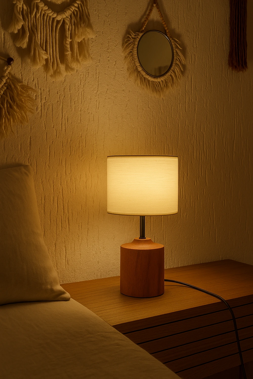 Modern ve Şık Ahşap Kumaş Silindir Abajur Artemis