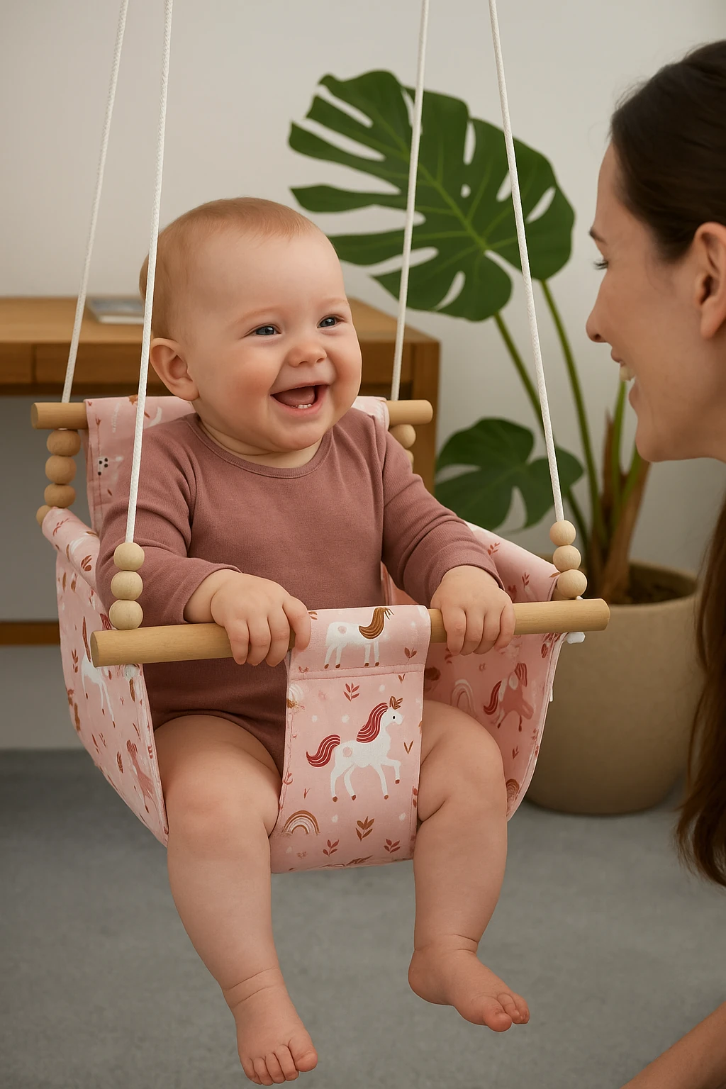 Unicorn Desenli Doğal Pamuk Kumaş & Ahşap Bebek Salıncağı