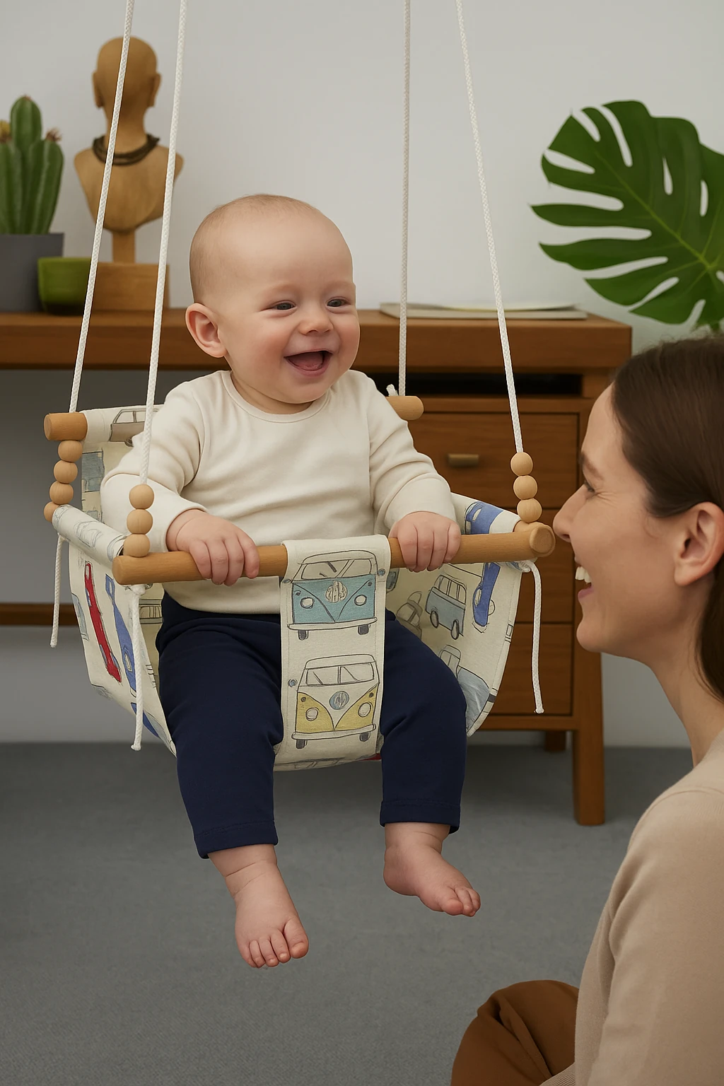 Tosbağa Desenli Doğal Pamuk Kumaş & Ahşap Bebek Salıncağı