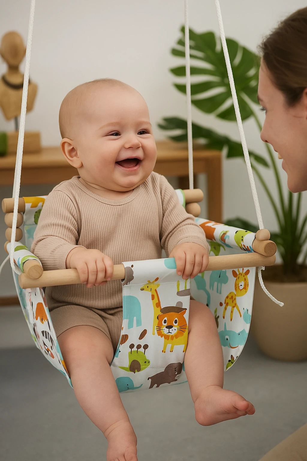 Safari Desenli Doğal Pamuk Kumaş & Ahşap Bebek Salıncağı