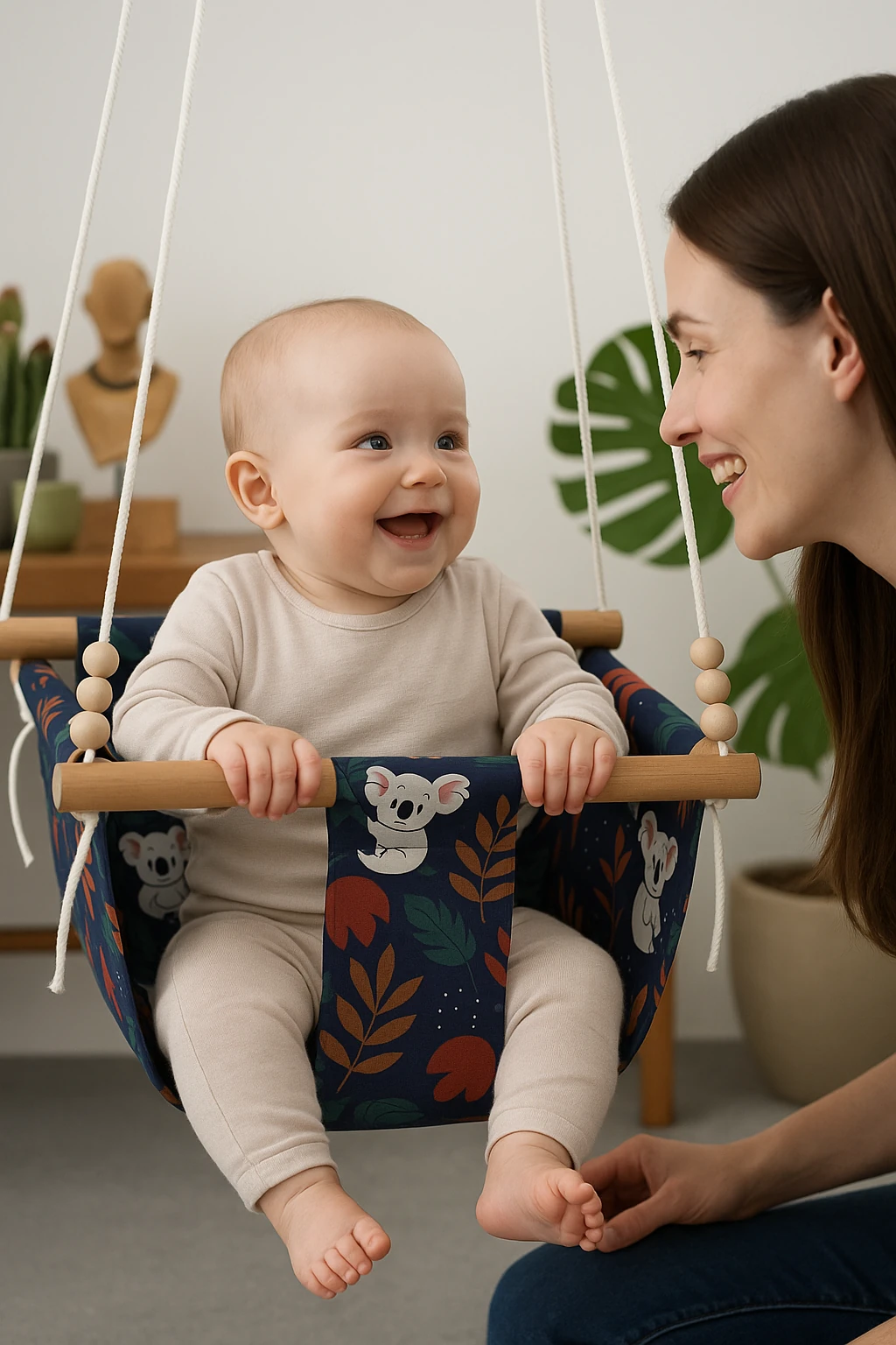 Koala Desenli Doğal Pamuk Kumaş & Ahşap Bebek Salıncağı