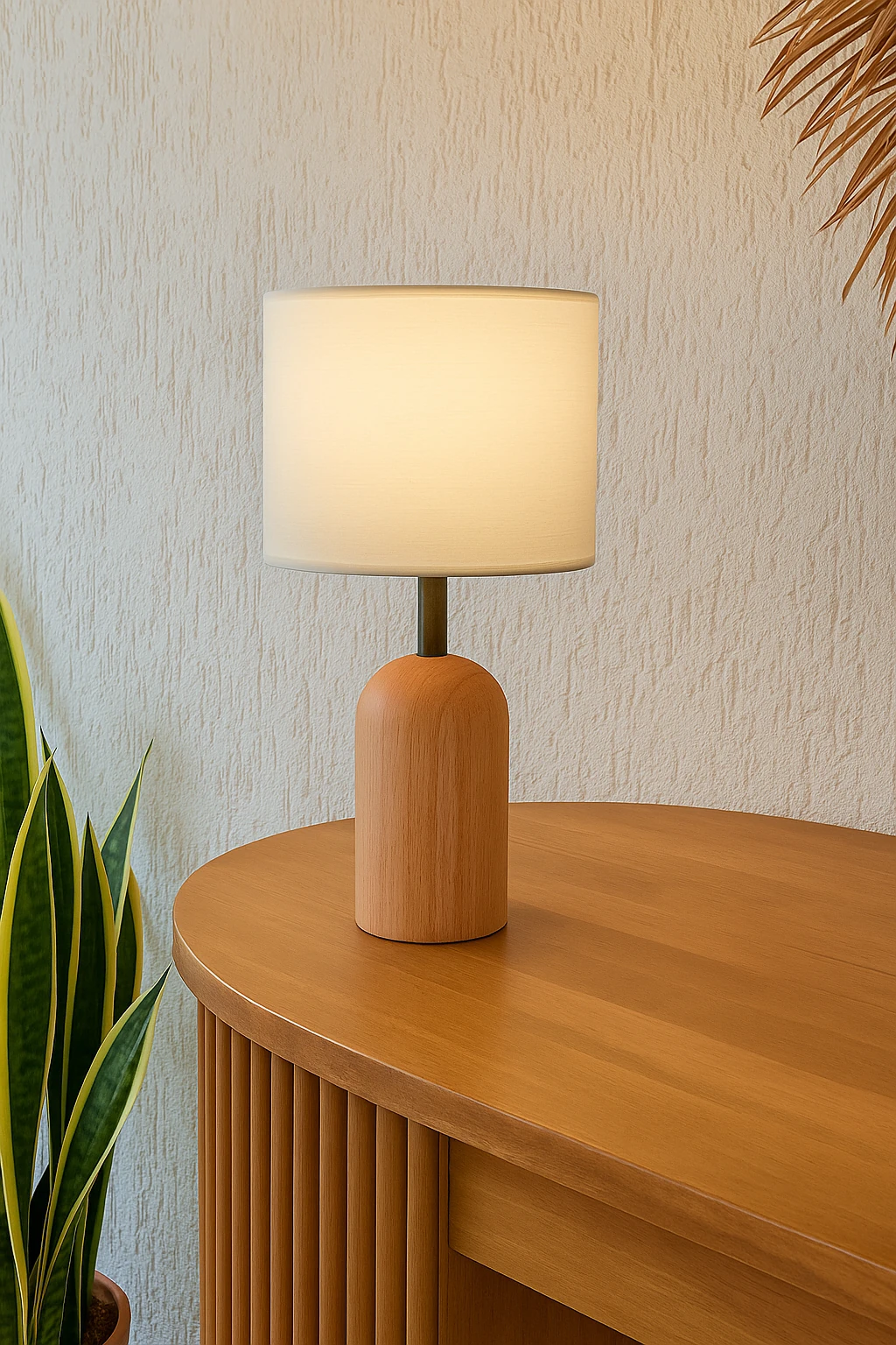 Şık Tasarımlı Ahşap ve Kumaş Silindir Abajur Atum