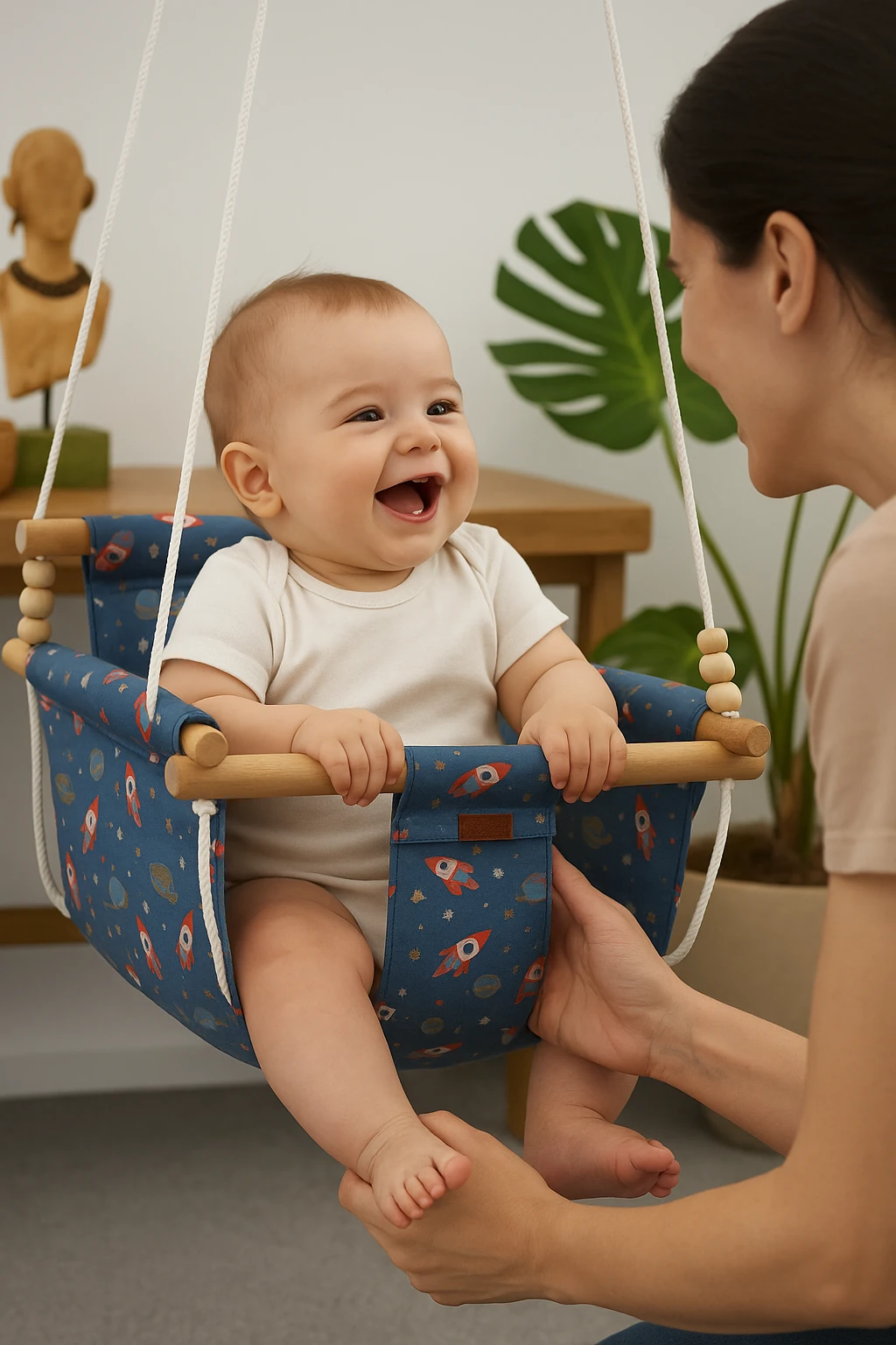 Gezegen Desenli Doğal Pamuk Kumaş & Ahşap Bebek Salıncağı