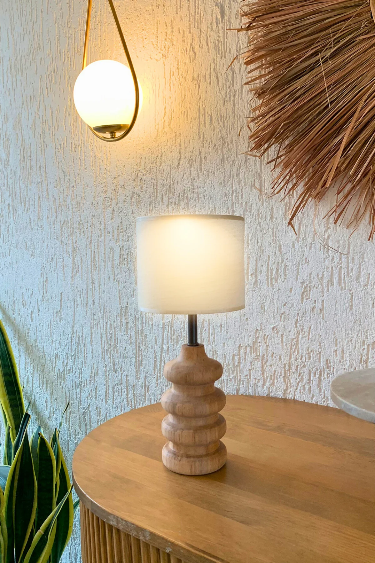 Modern Bohem Tarzı Ahşap Kumaş Silindir Abajur Hemera