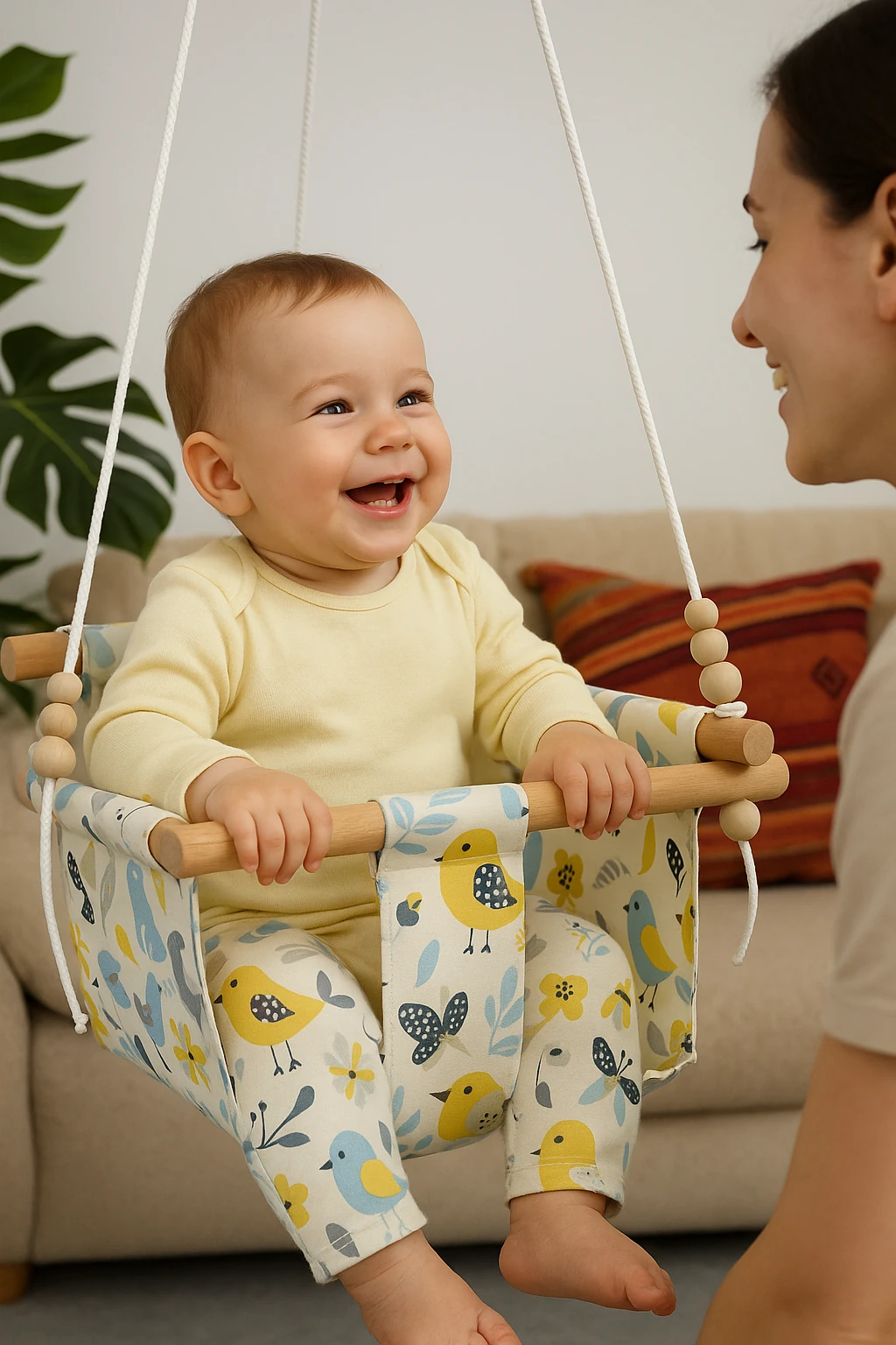 Yaprak Desenli Doğal Pamuk Kumaş & Ahşap Bebek Salıncağı