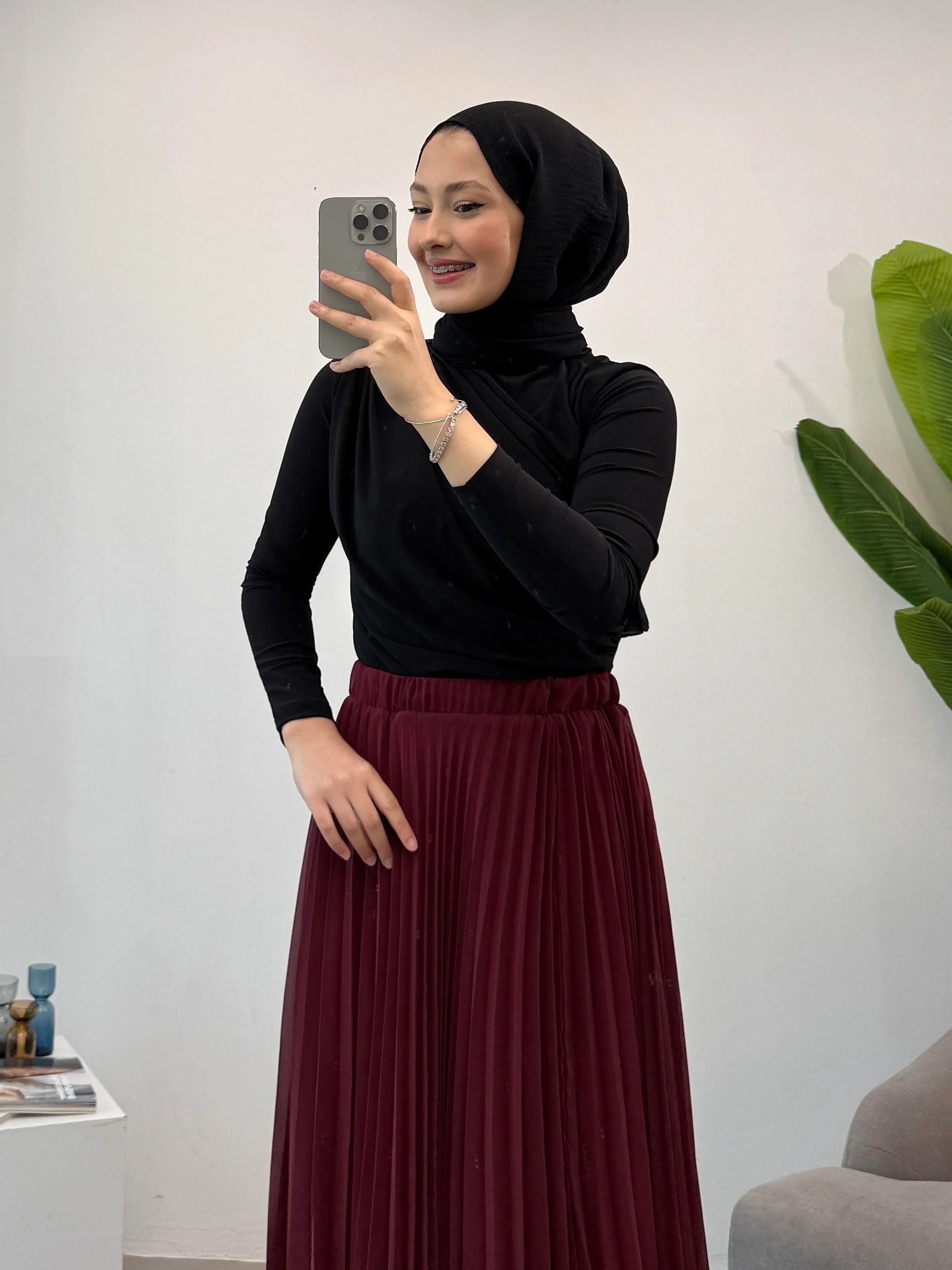 Hm Model Şifon Piliseli Etek - Bordo