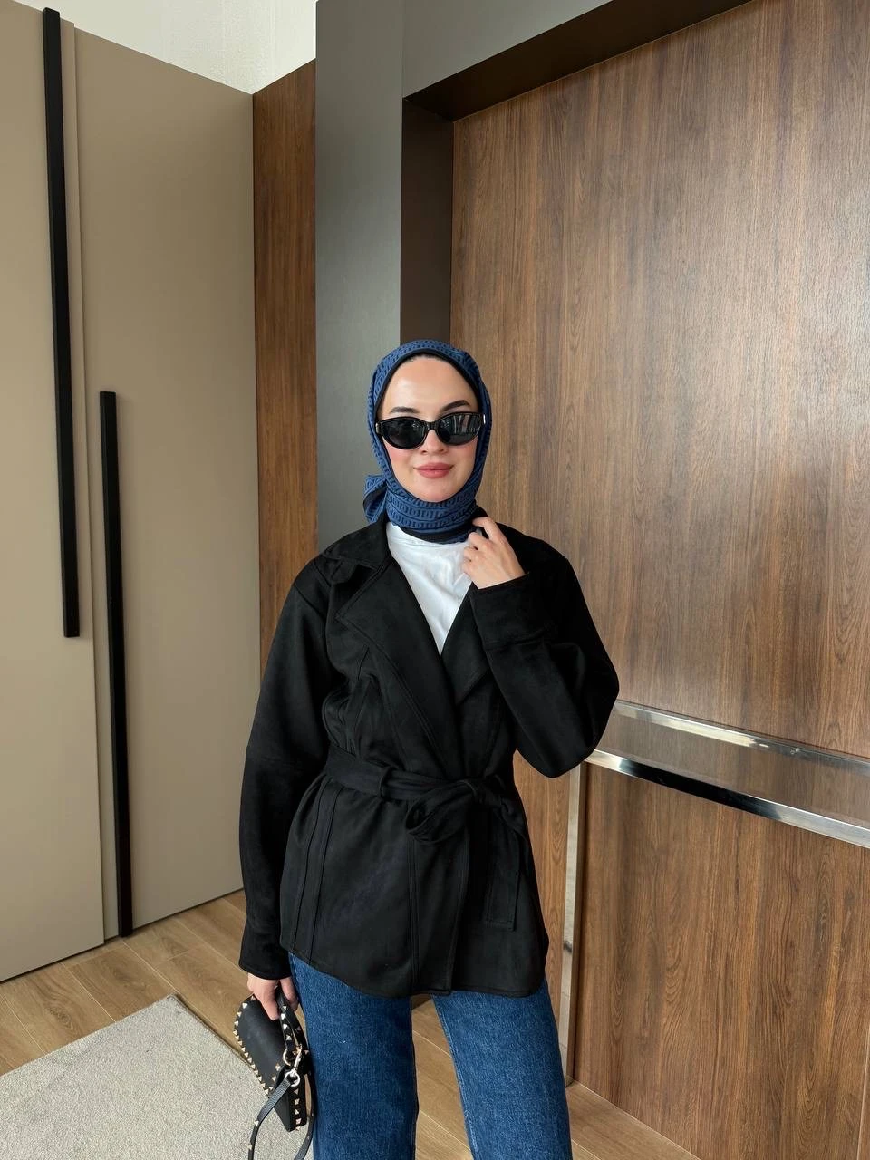 Süet Uzun Trenh Siyah 