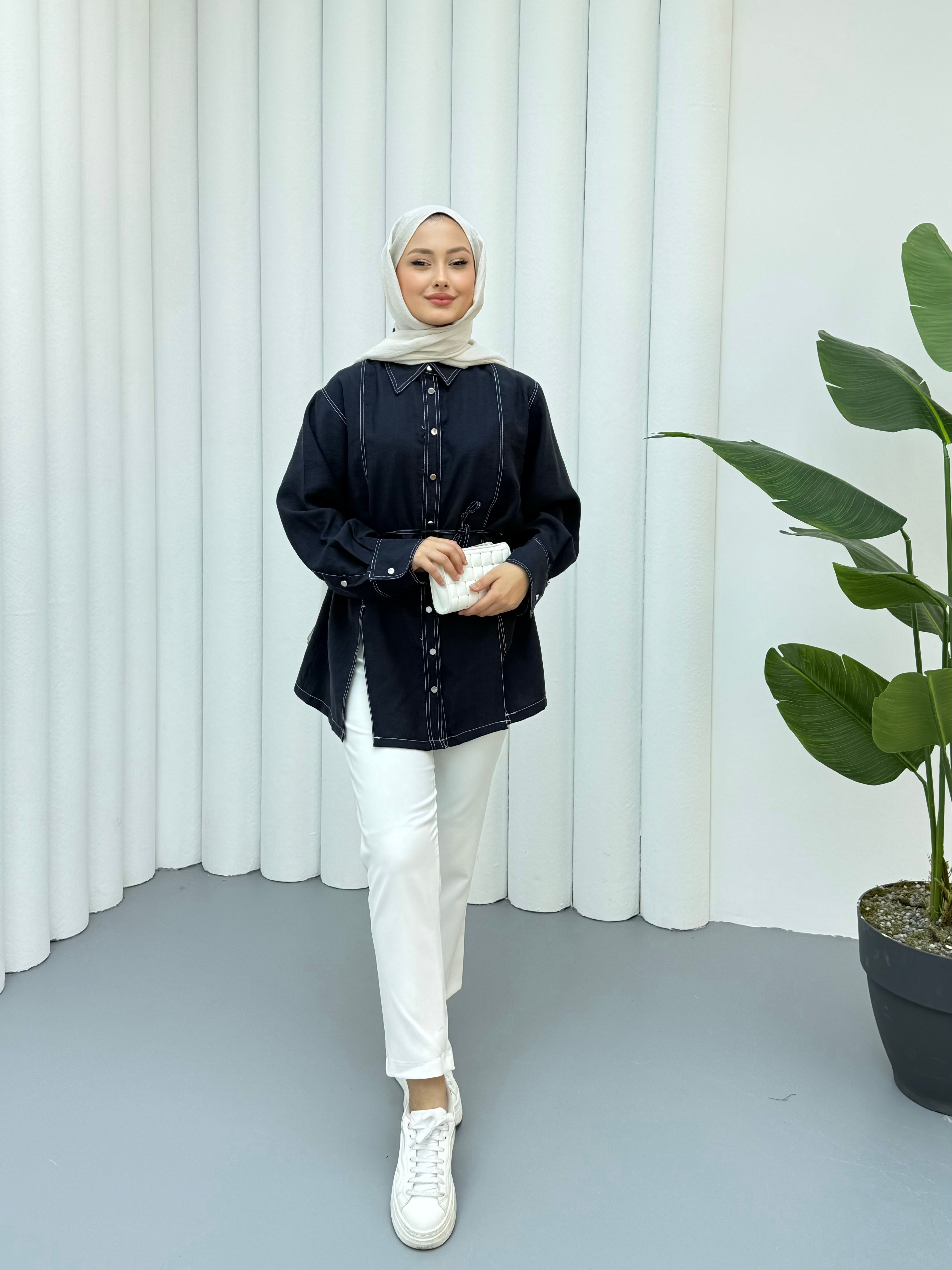 Gardenya Çift Dikiş Detaylı Gömlek - Lacivert