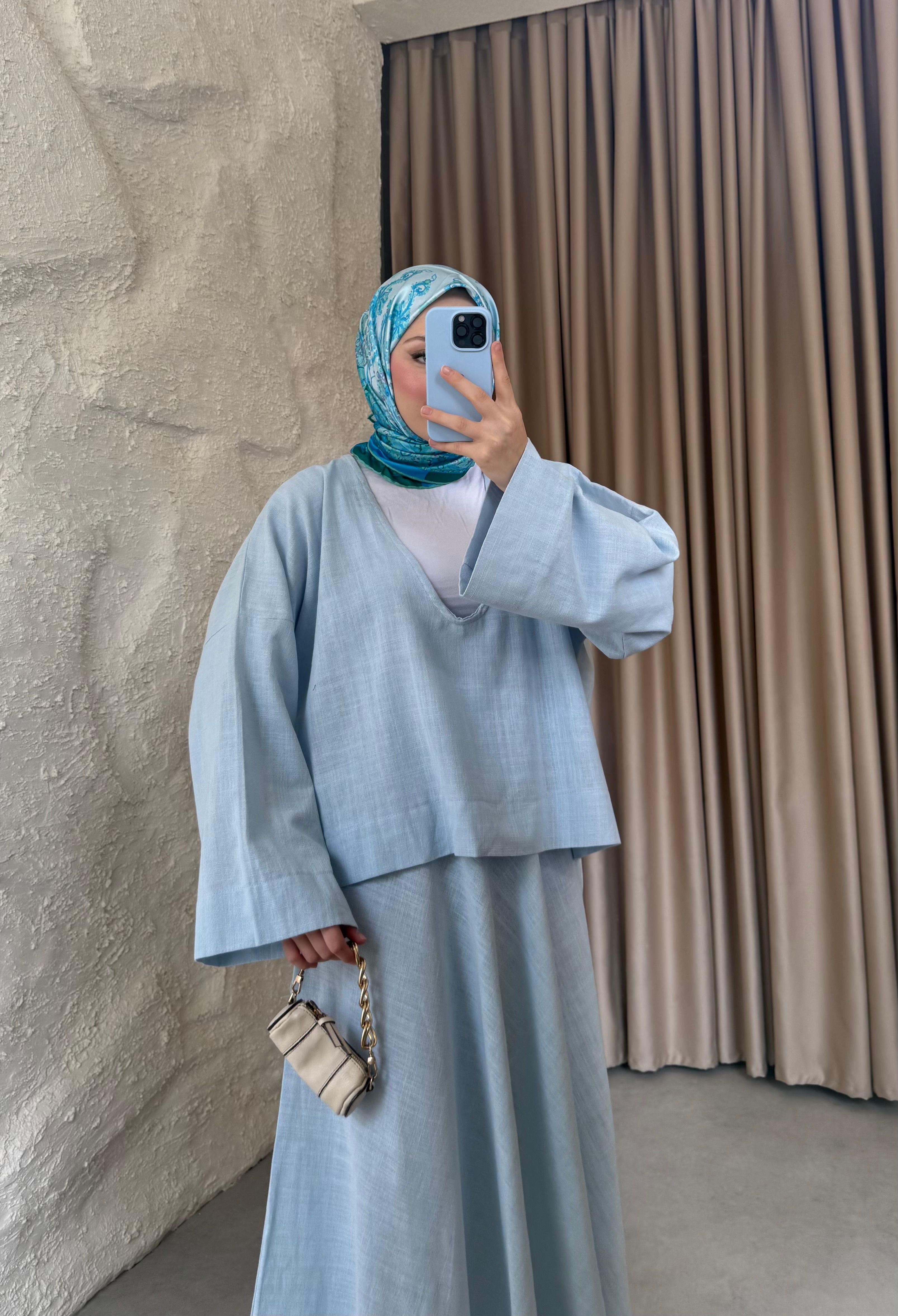 Derin  Yaka Keten Etekli Takım Bebe Mavisi