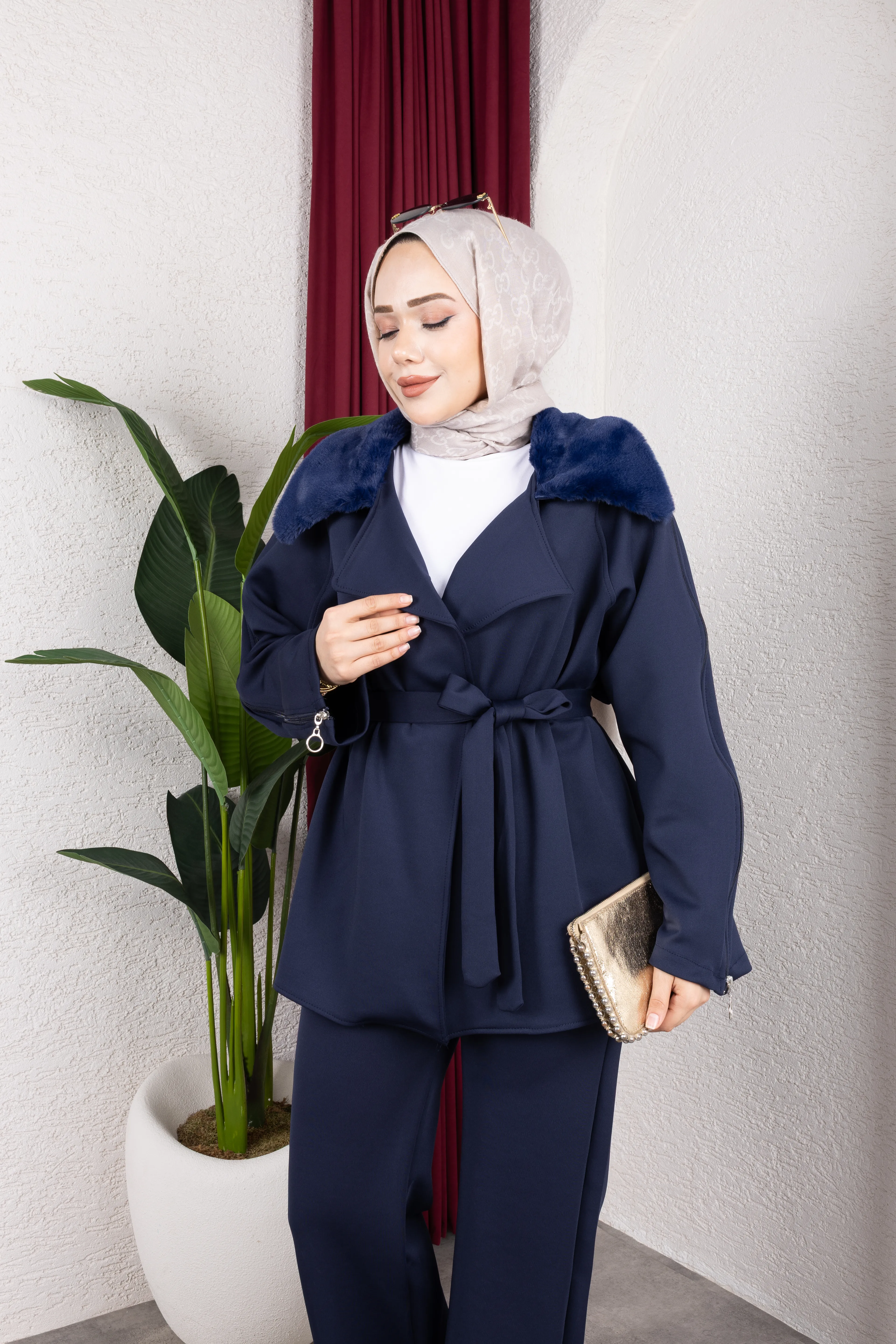 Kürklü Ceket Takım Lacivert