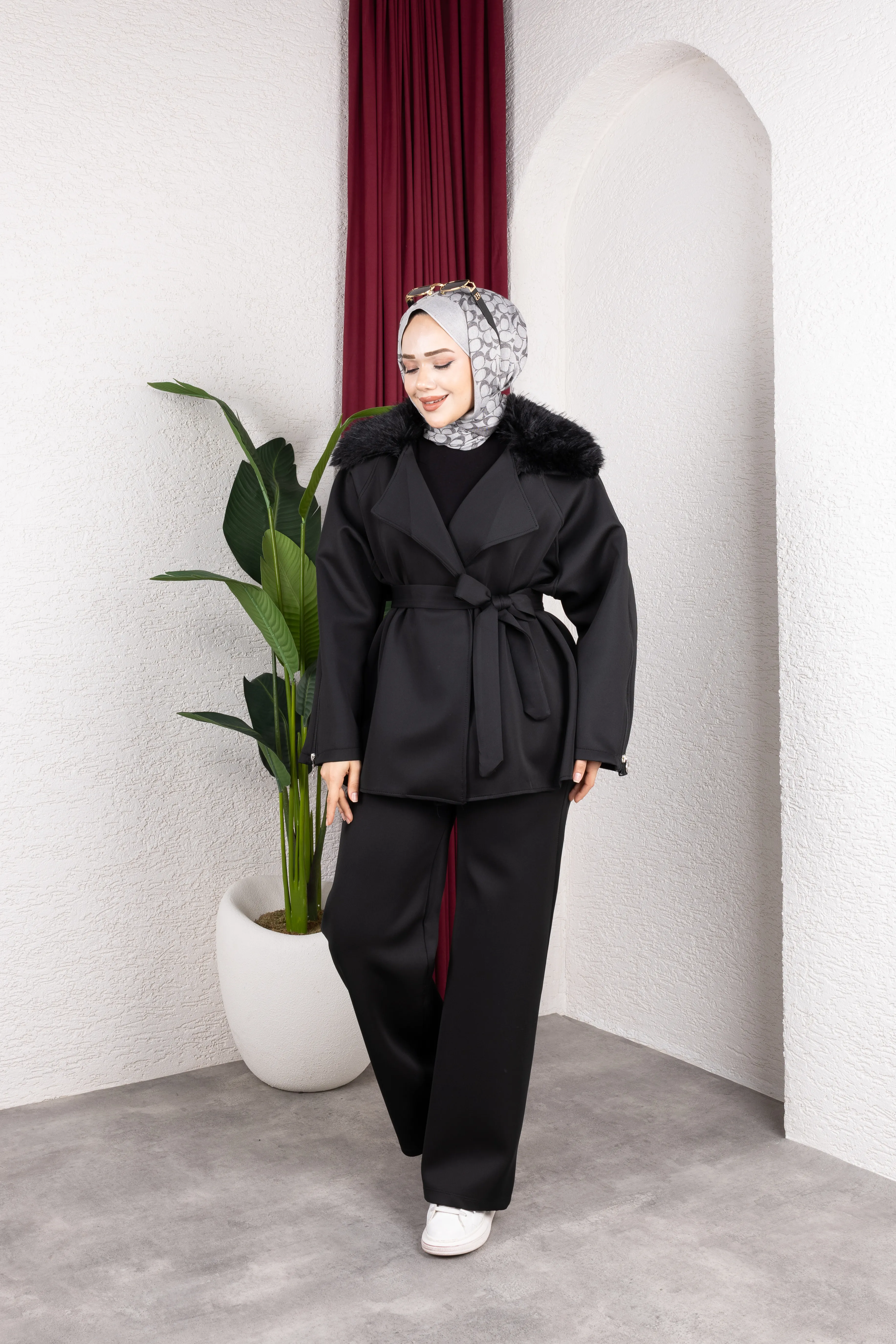 Kürklü Ceket Takım Siyah
