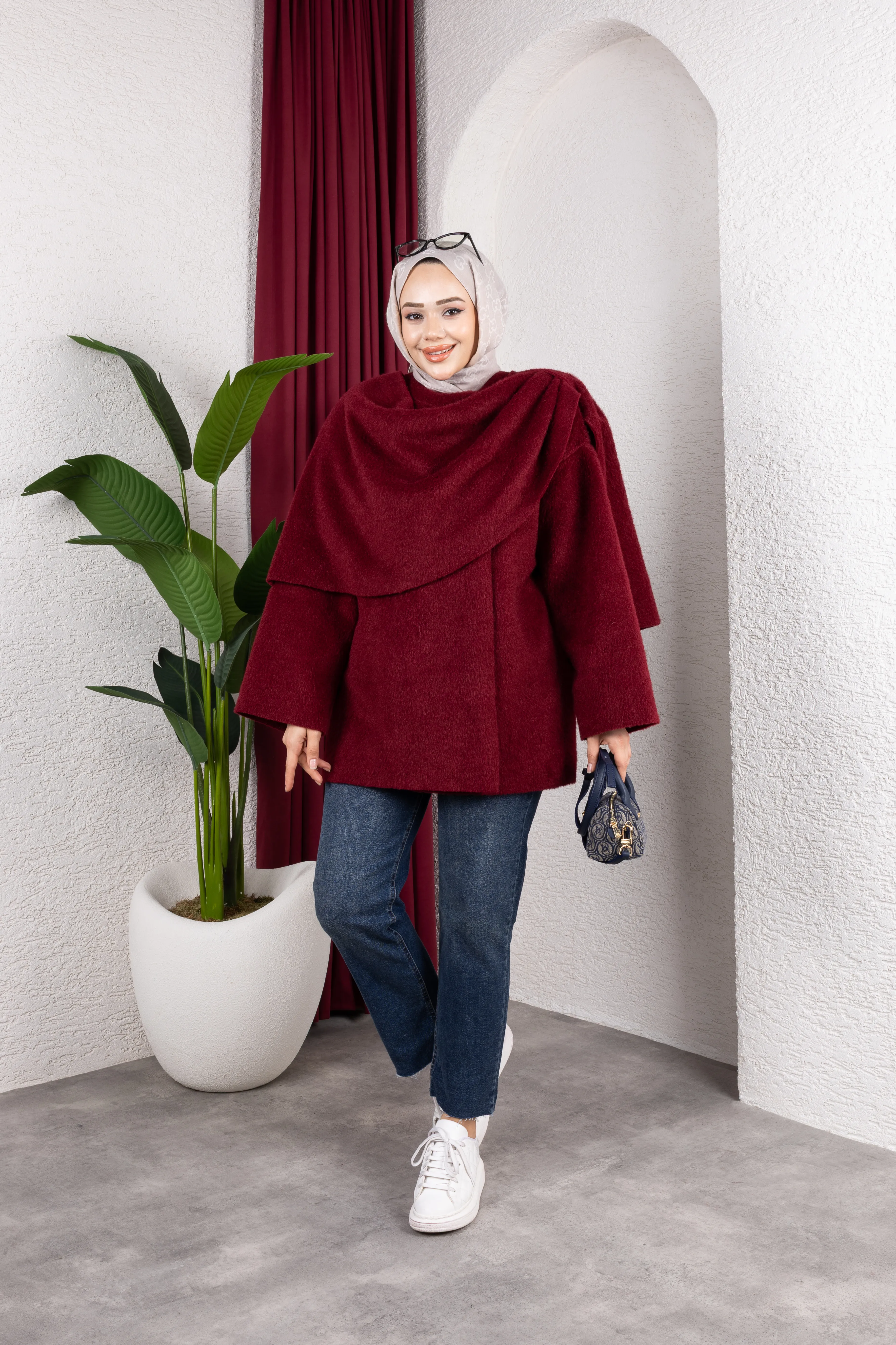 Eva Şal Yaka Kaban Bordo