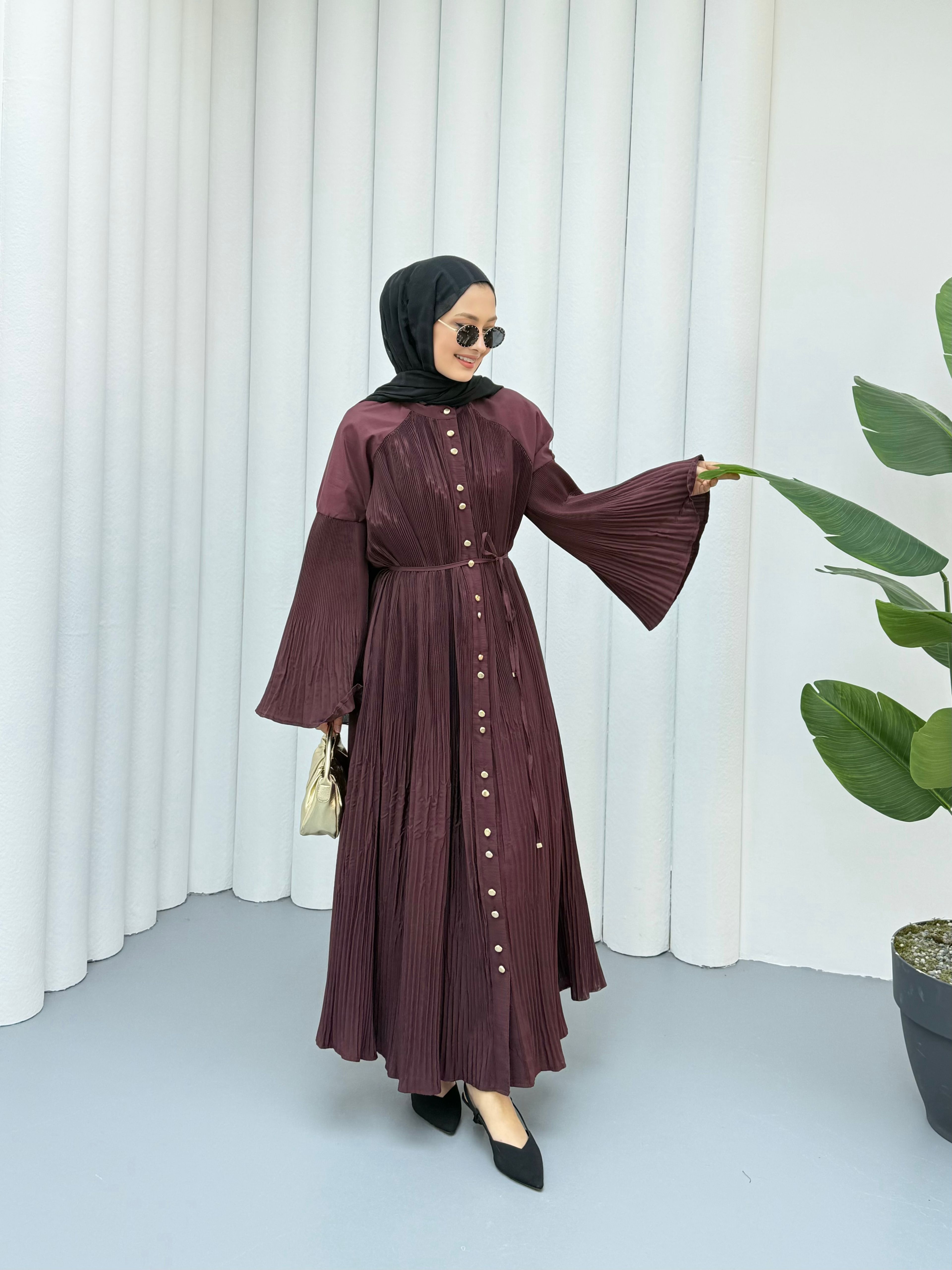 Dik Piliseli Premium Elbise - Bordo