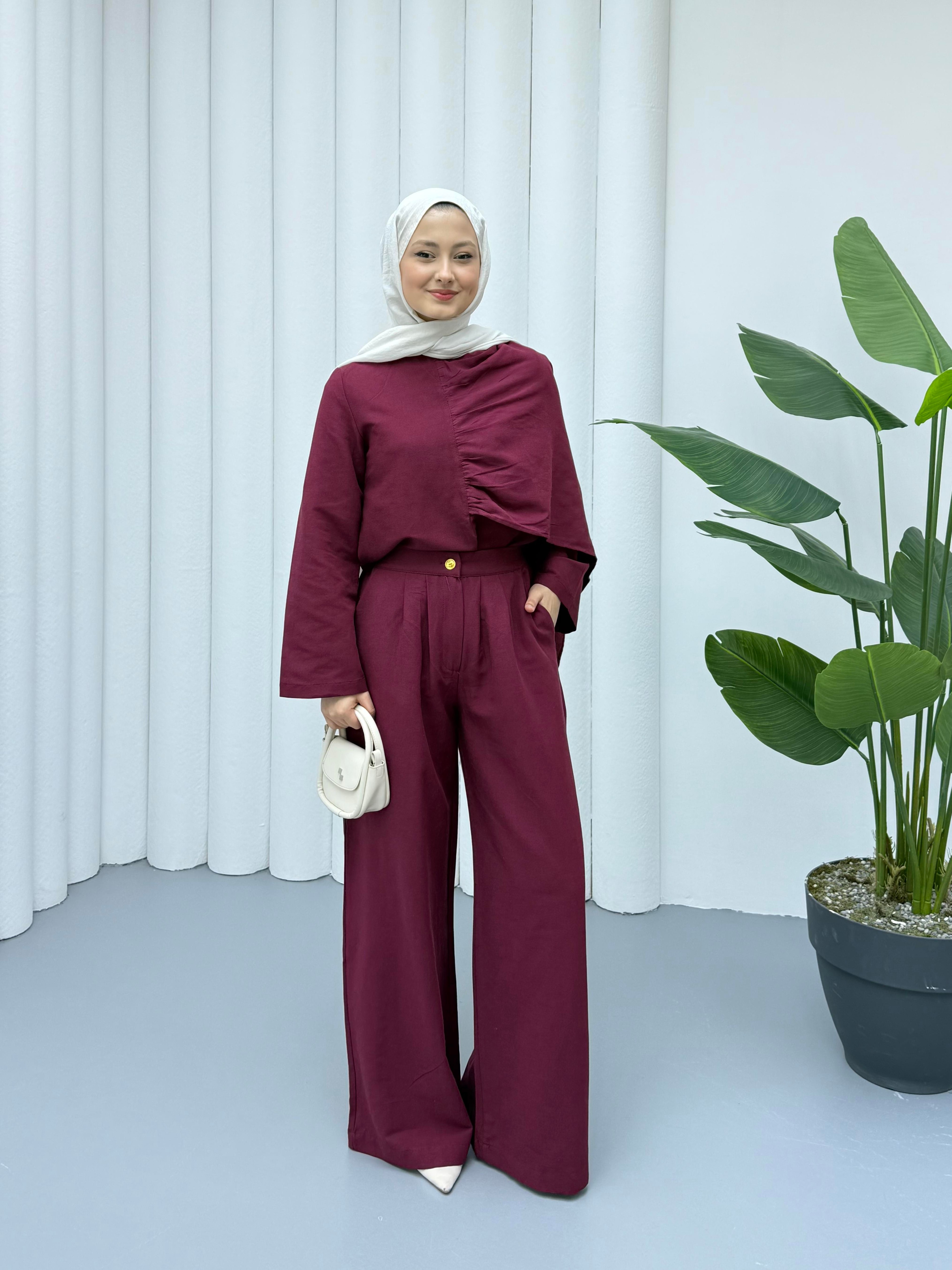 Premium Keten Takım - Bordo