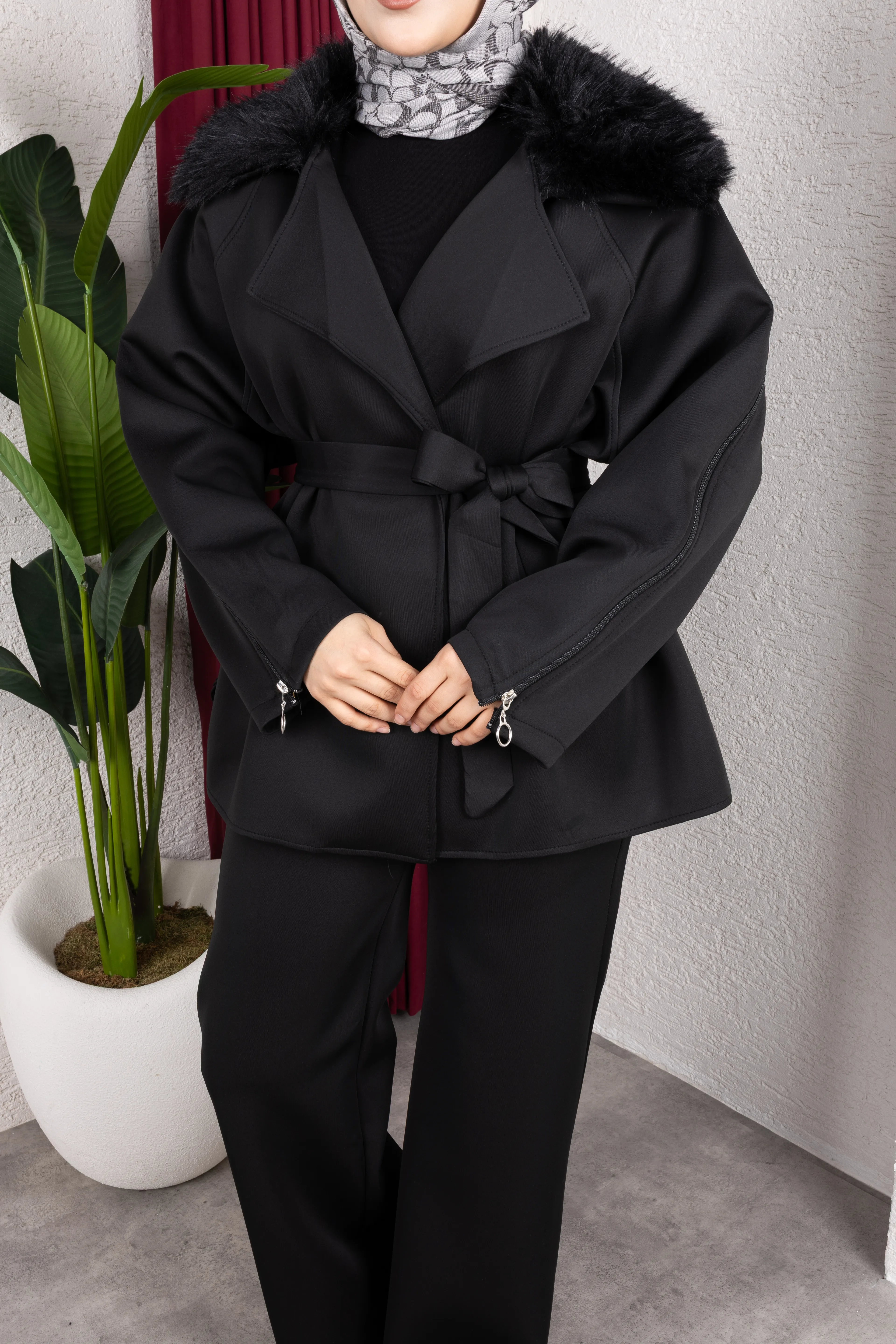 Kürklü Ceket Takım Siyah