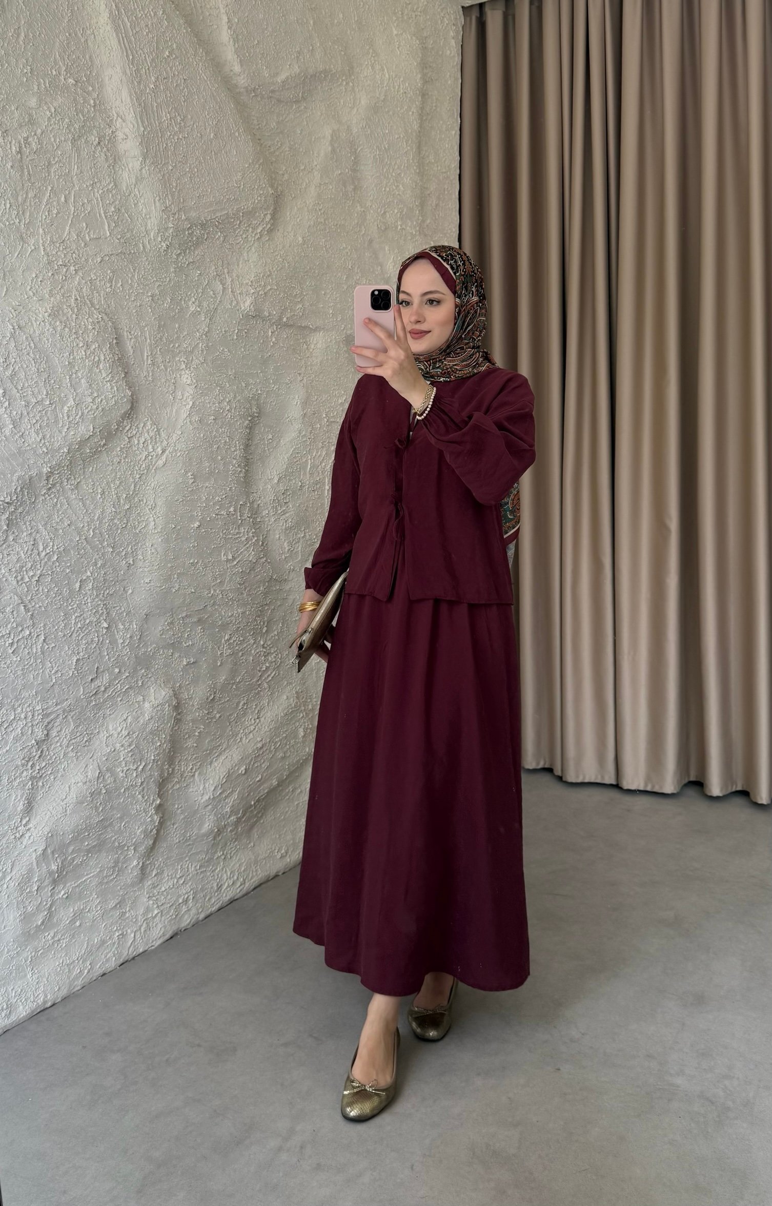Önden Bağlamalı Etekli Takım - Bordo