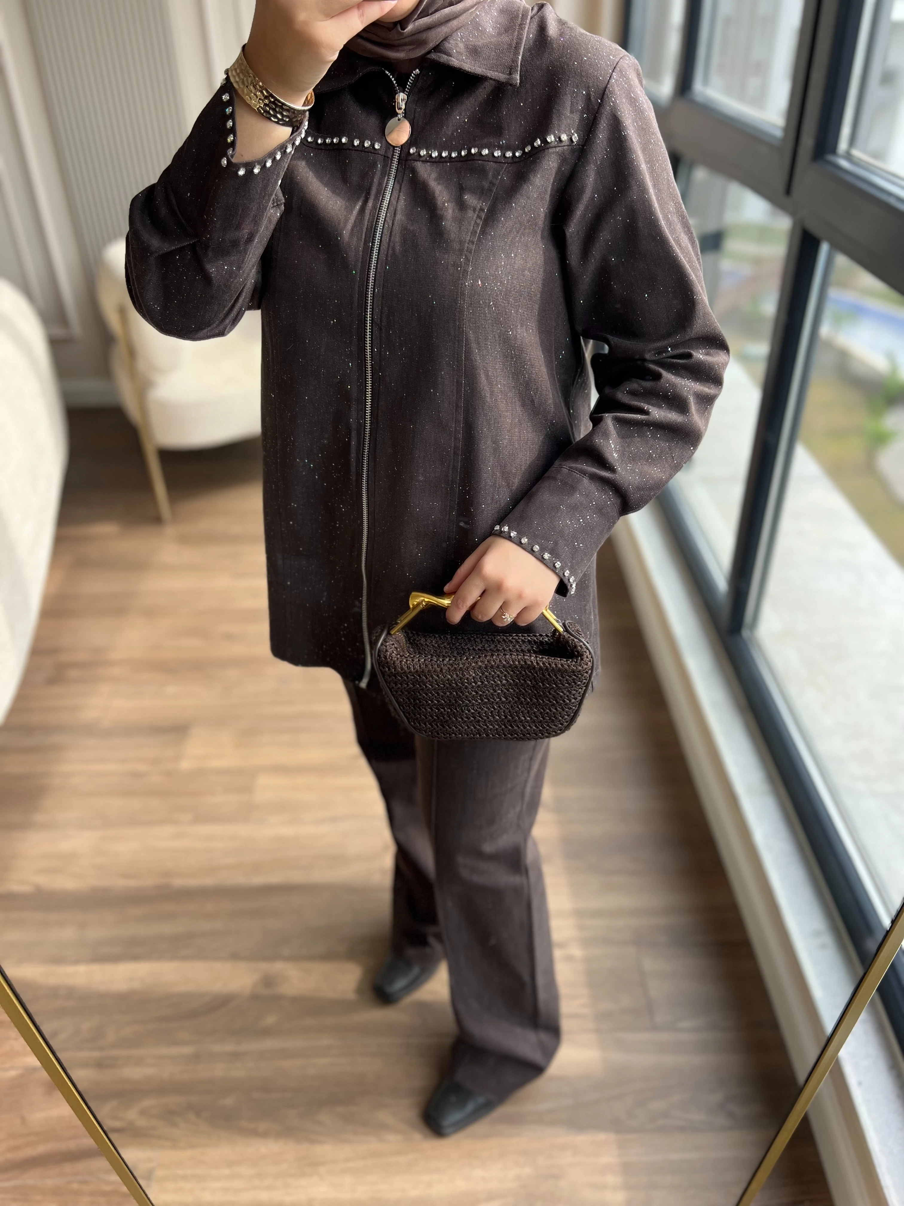 Taşlı Kot Takım Kahverengi 