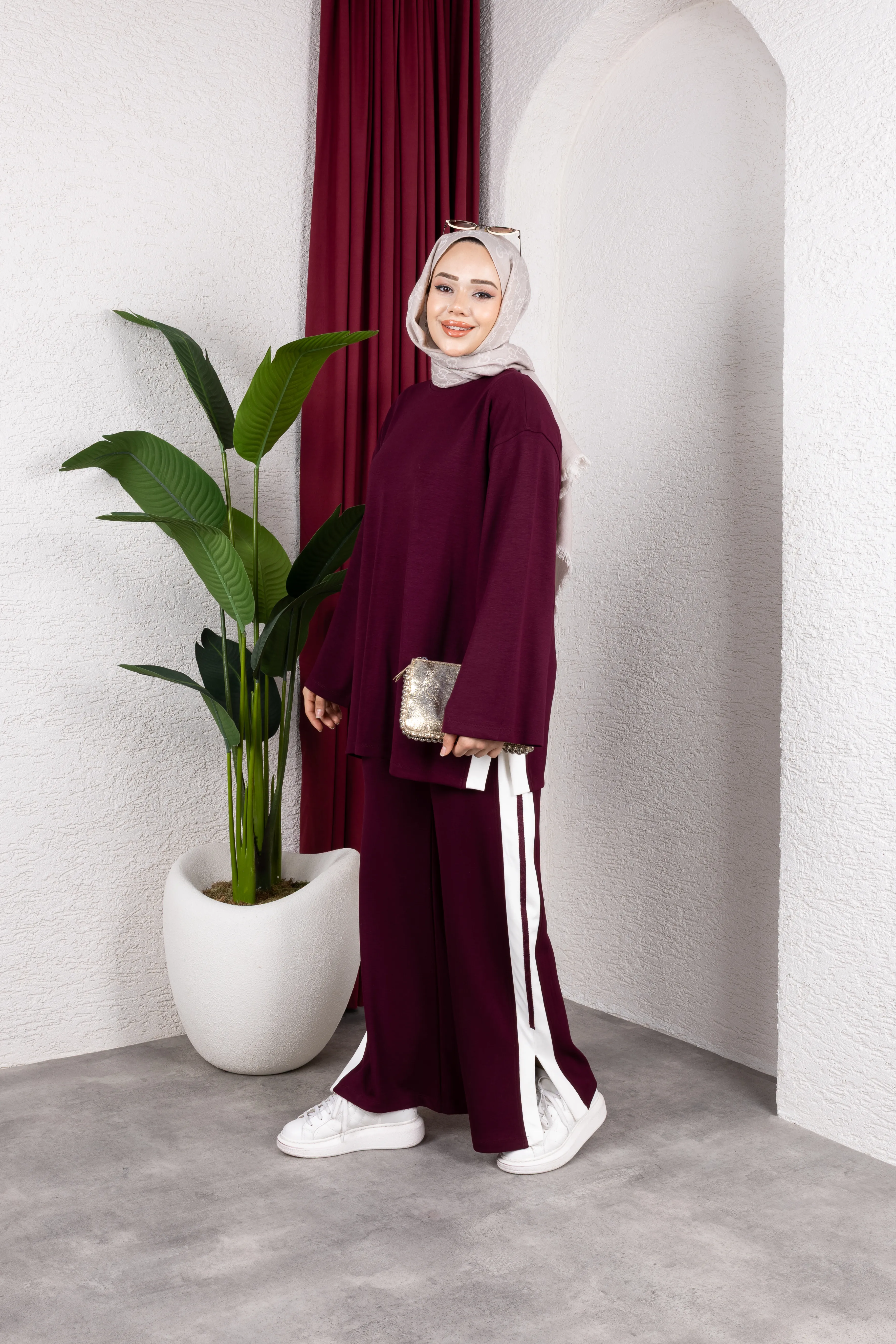 Aja Şerit Detaylı Takım Bordo 