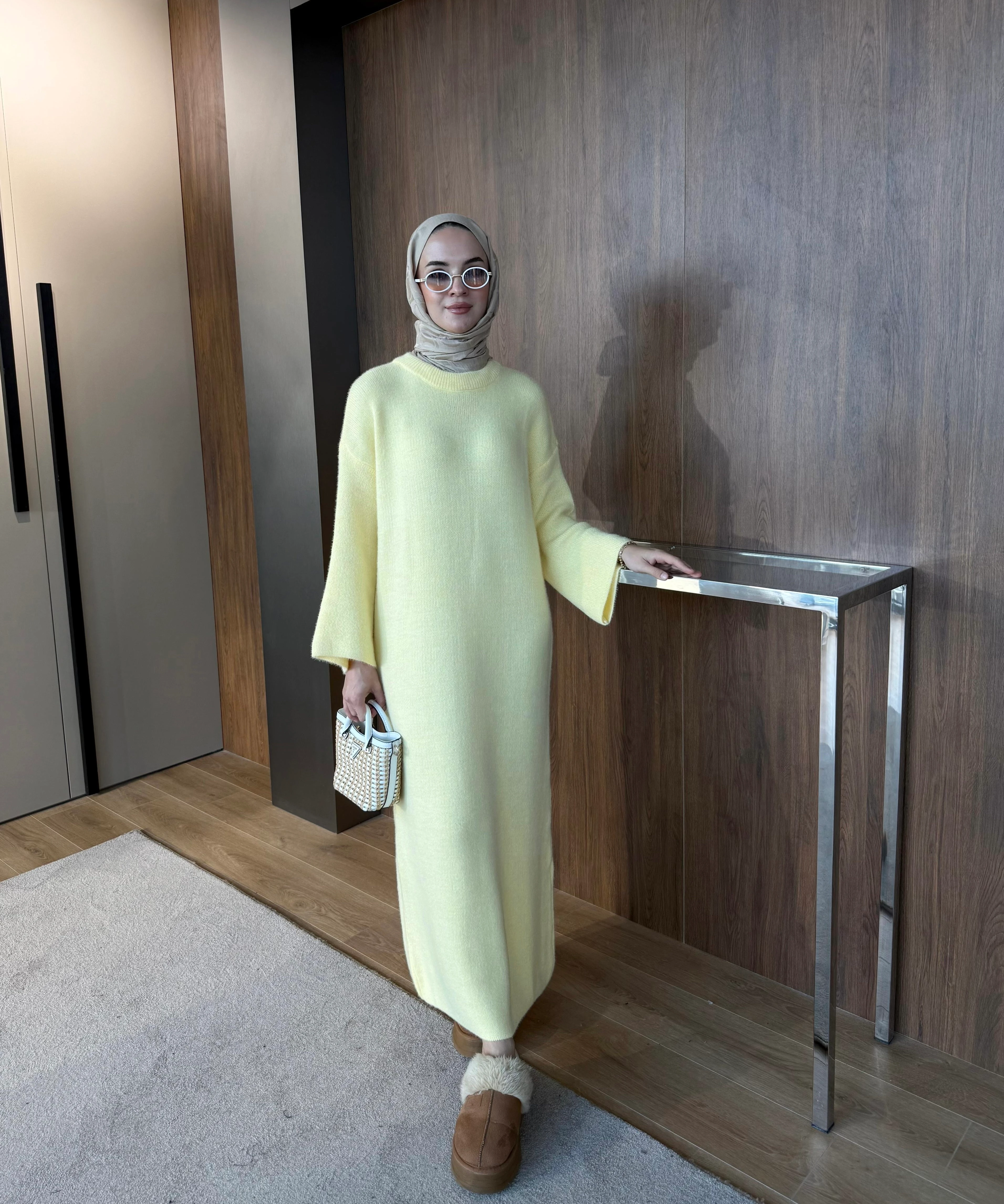 Sakallı Triko Elbise Sarı 