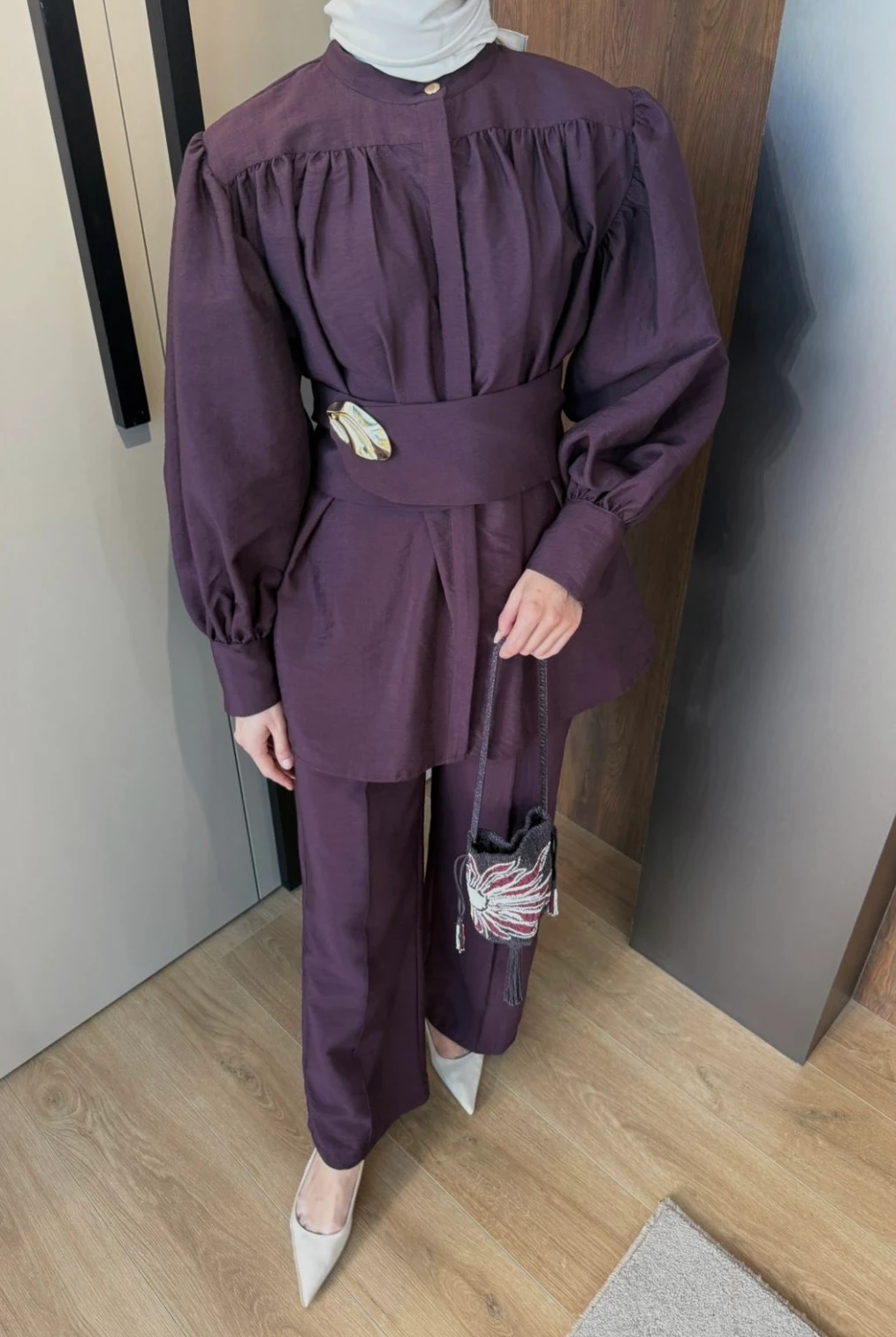 Cupra Broş Detaylı Pantolonlu Takım Bordo 