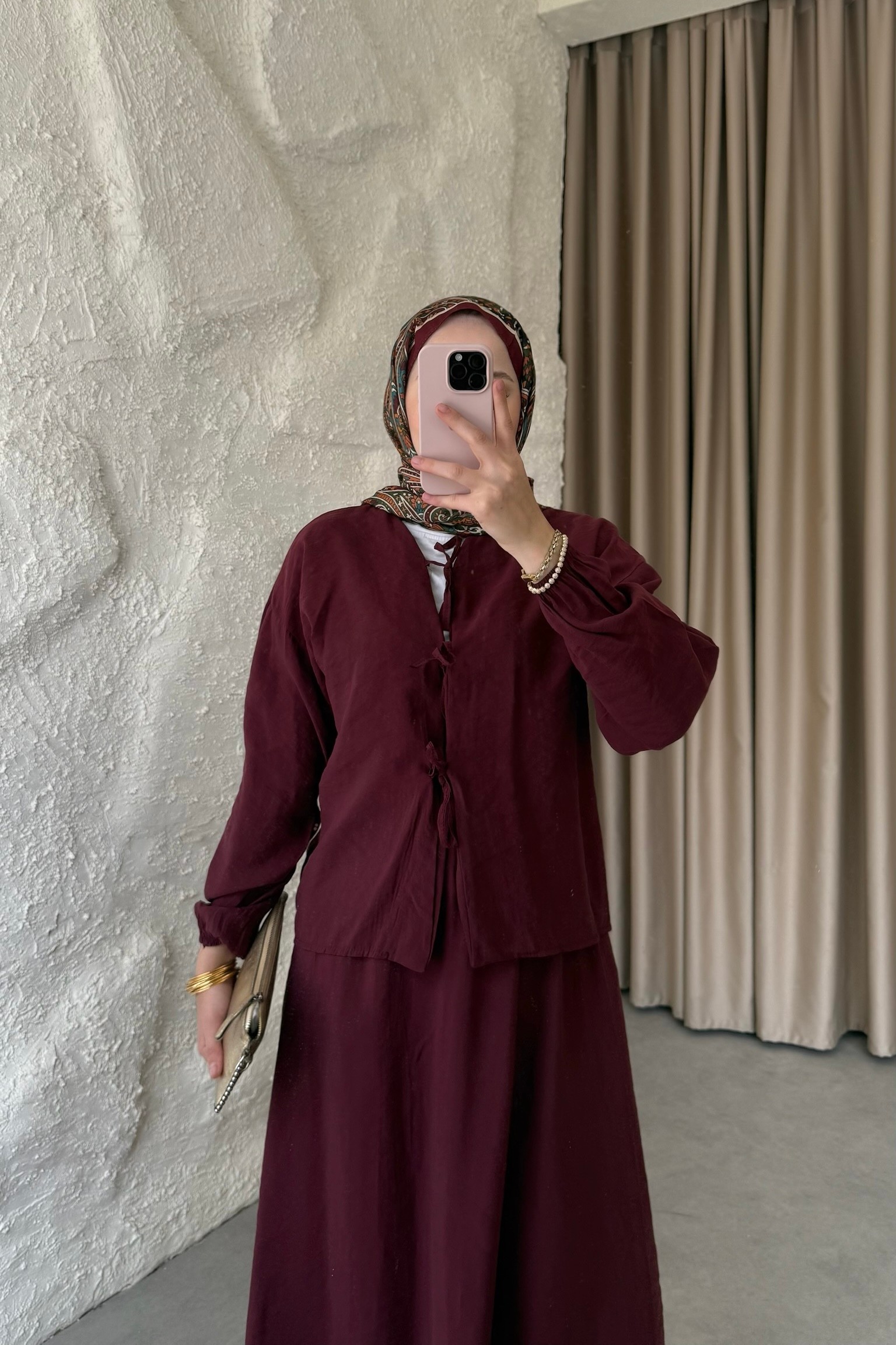 Önden Bağlamalı Etekli Takım - Bordo