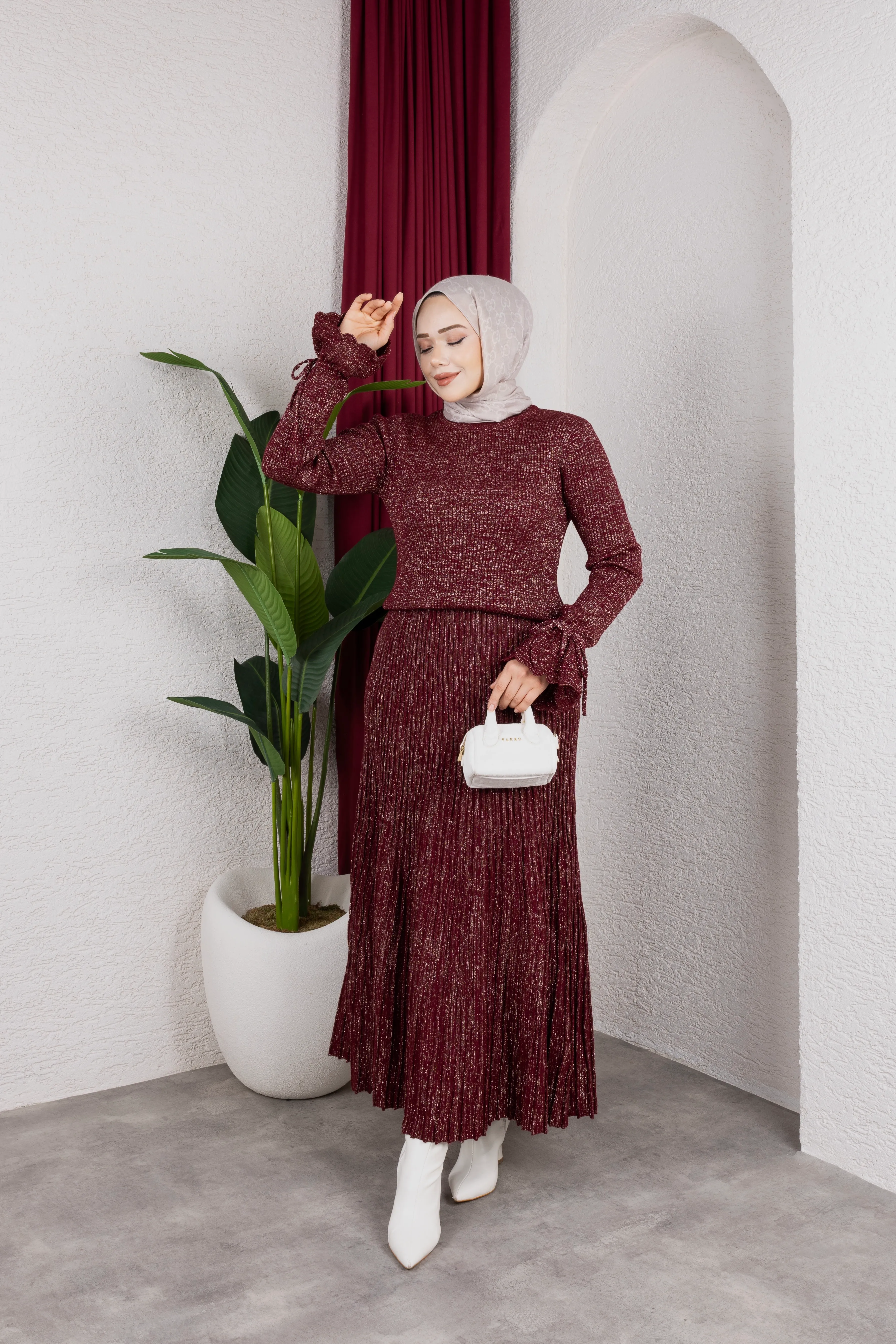 Simli Etekli Triko Takım Bordo