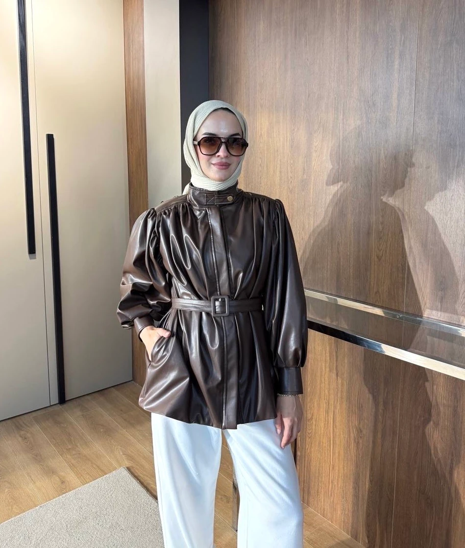 Deri Kemerli Ceket Kahve