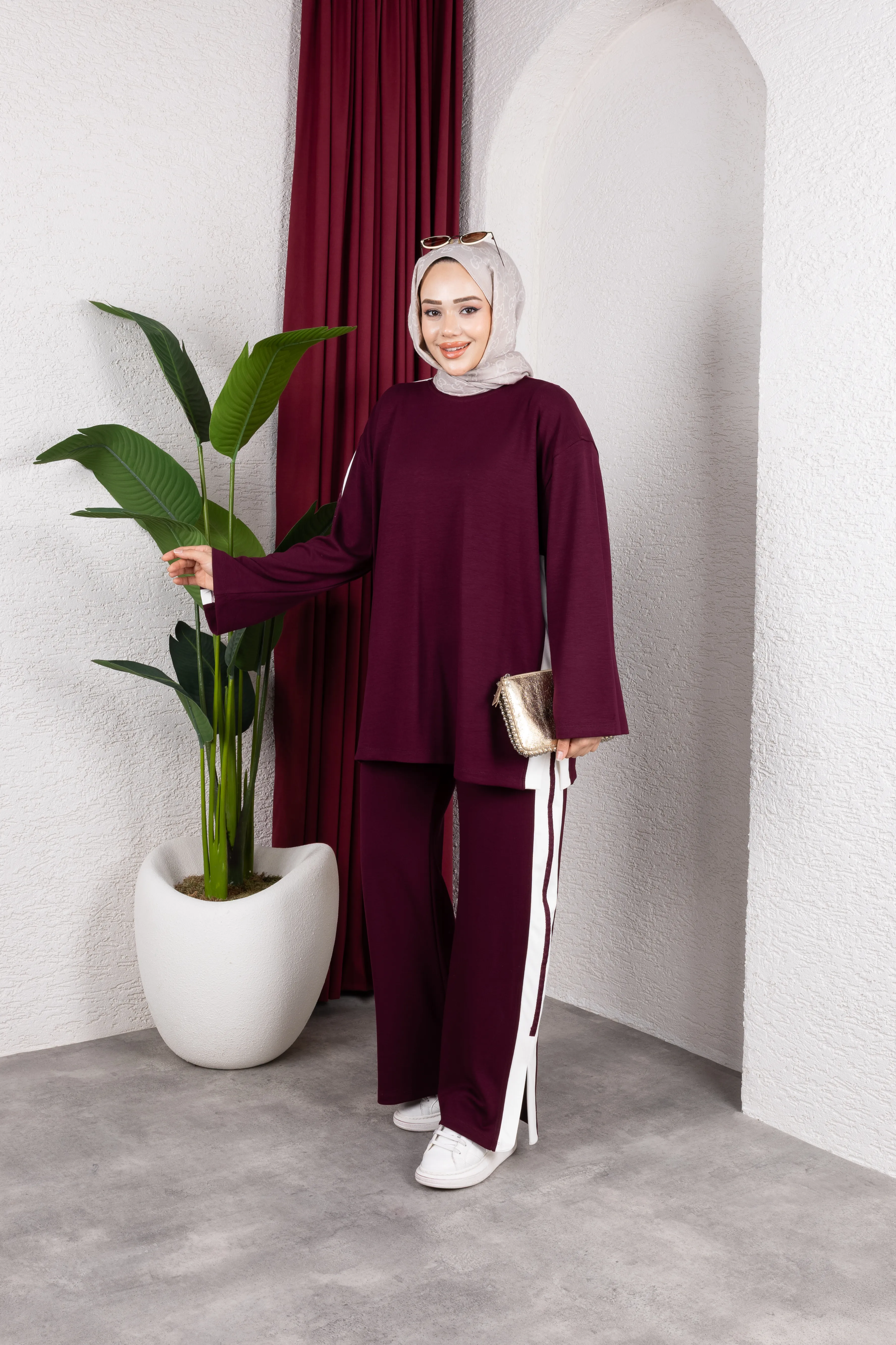 Aja Şerit Detaylı Takım Bordo 