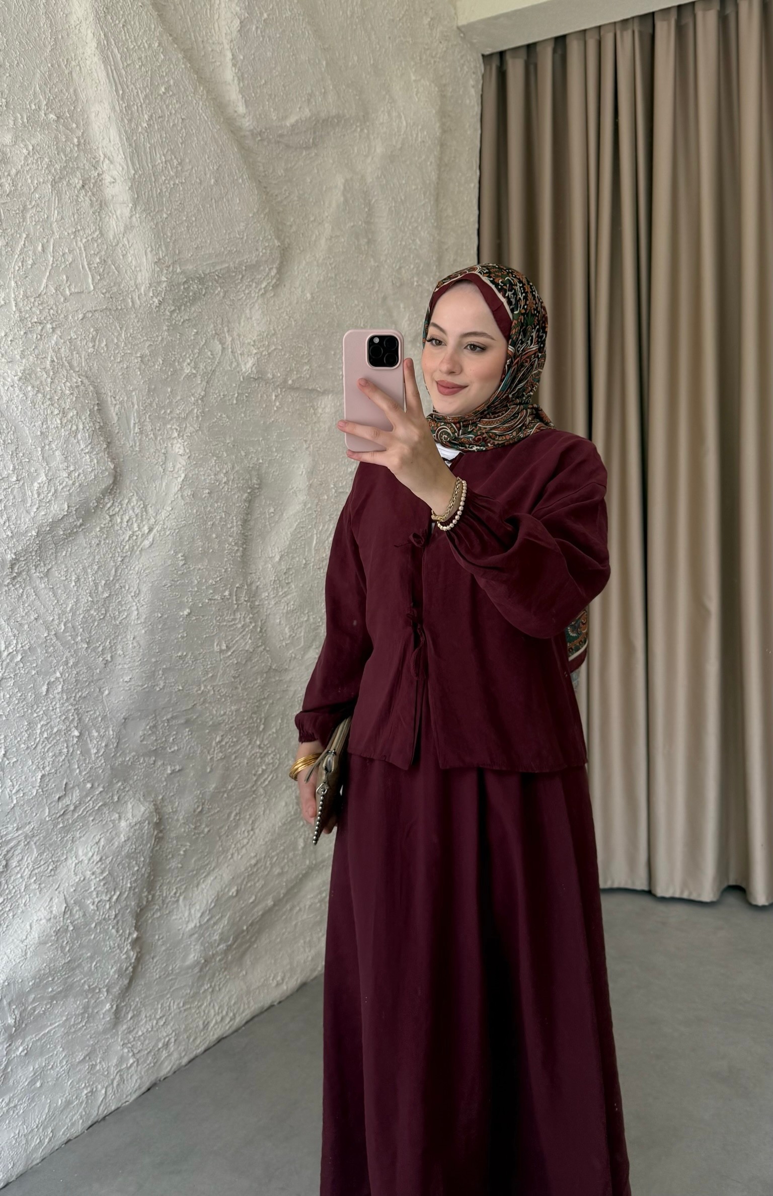 Önden Bağlamalı Etekli Takım - Bordo