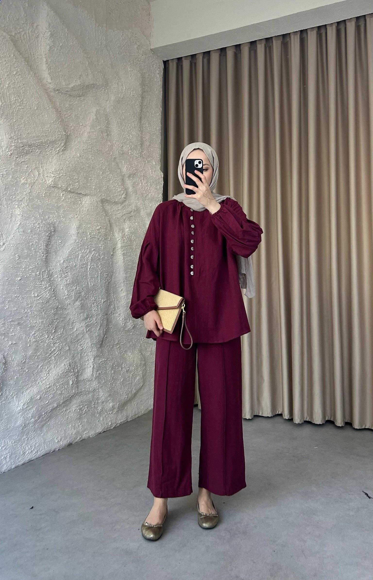 Önden Düğmeli Keten Pantolonlu Takım  - Bordo