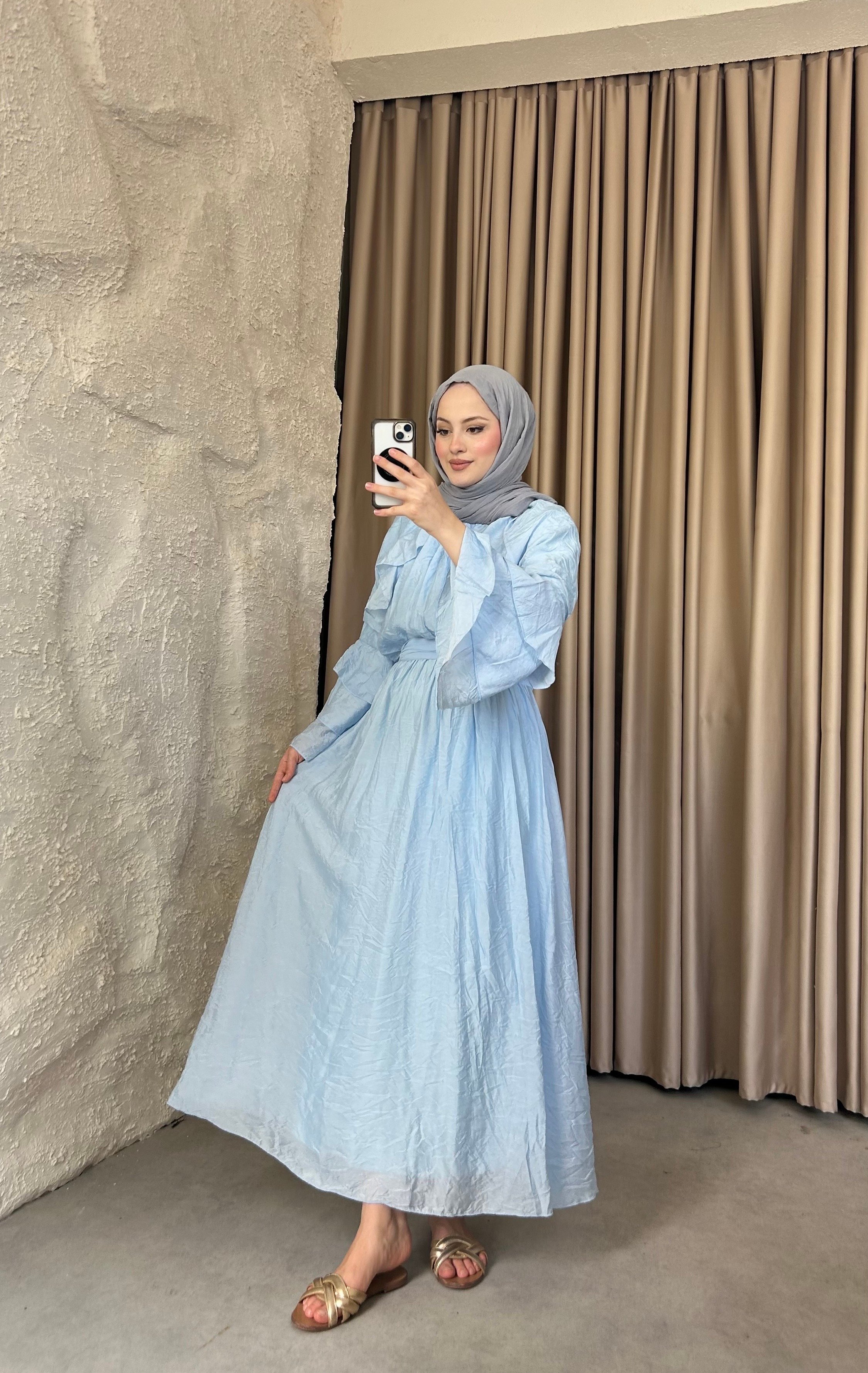 Kolları Volanlı Tül Modal Elbise Bebe Mavisi 