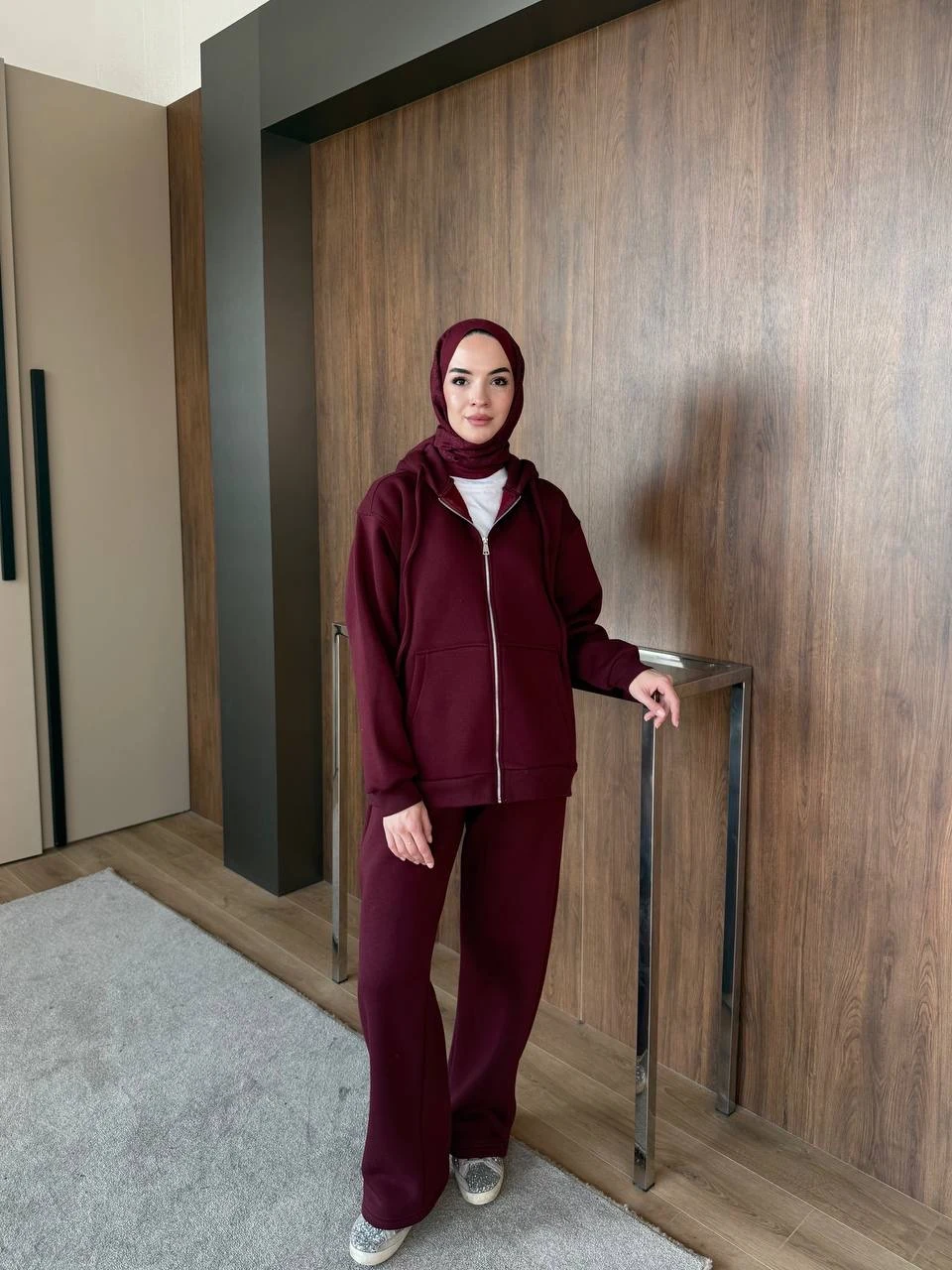 Üç İplik Fermuarlı Pantolonlu Takım Bordo 