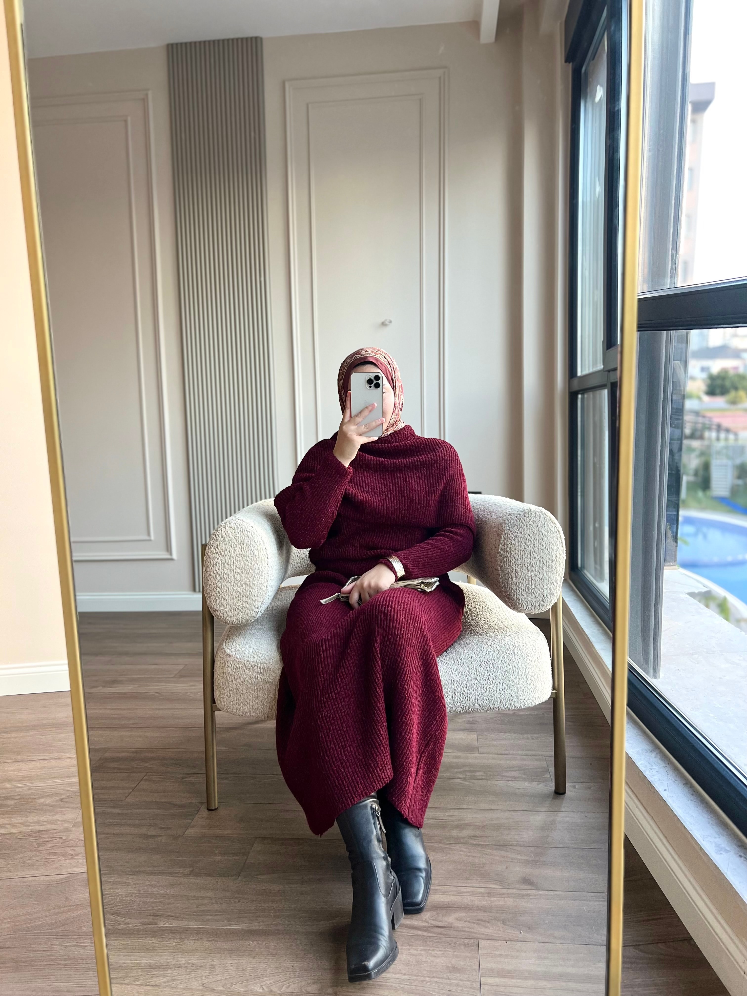 Pelerinli Triko Elbise Bordo