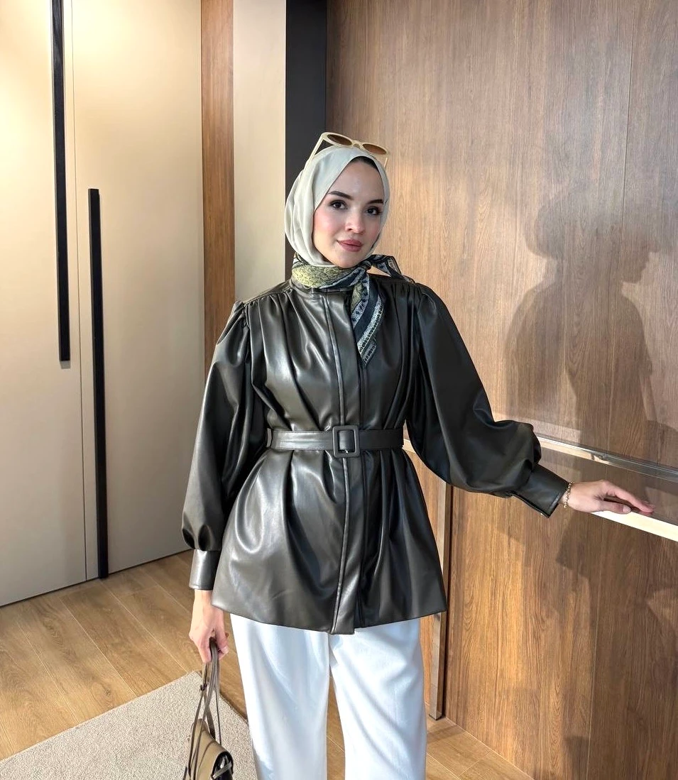 Deri Kemerli Ceket Yeşil