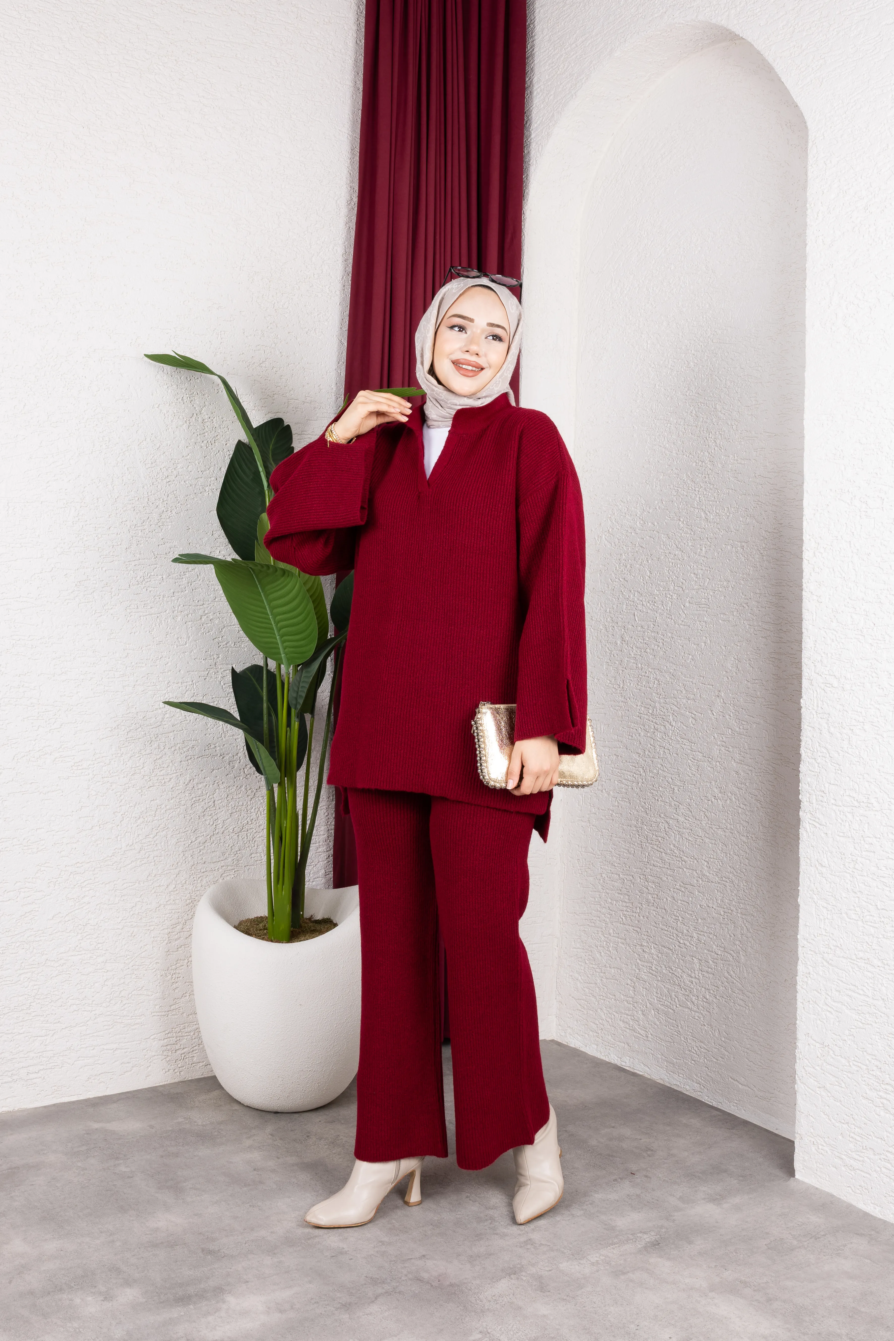 V Yaka Premıum Pantolonlu Takım Bordo