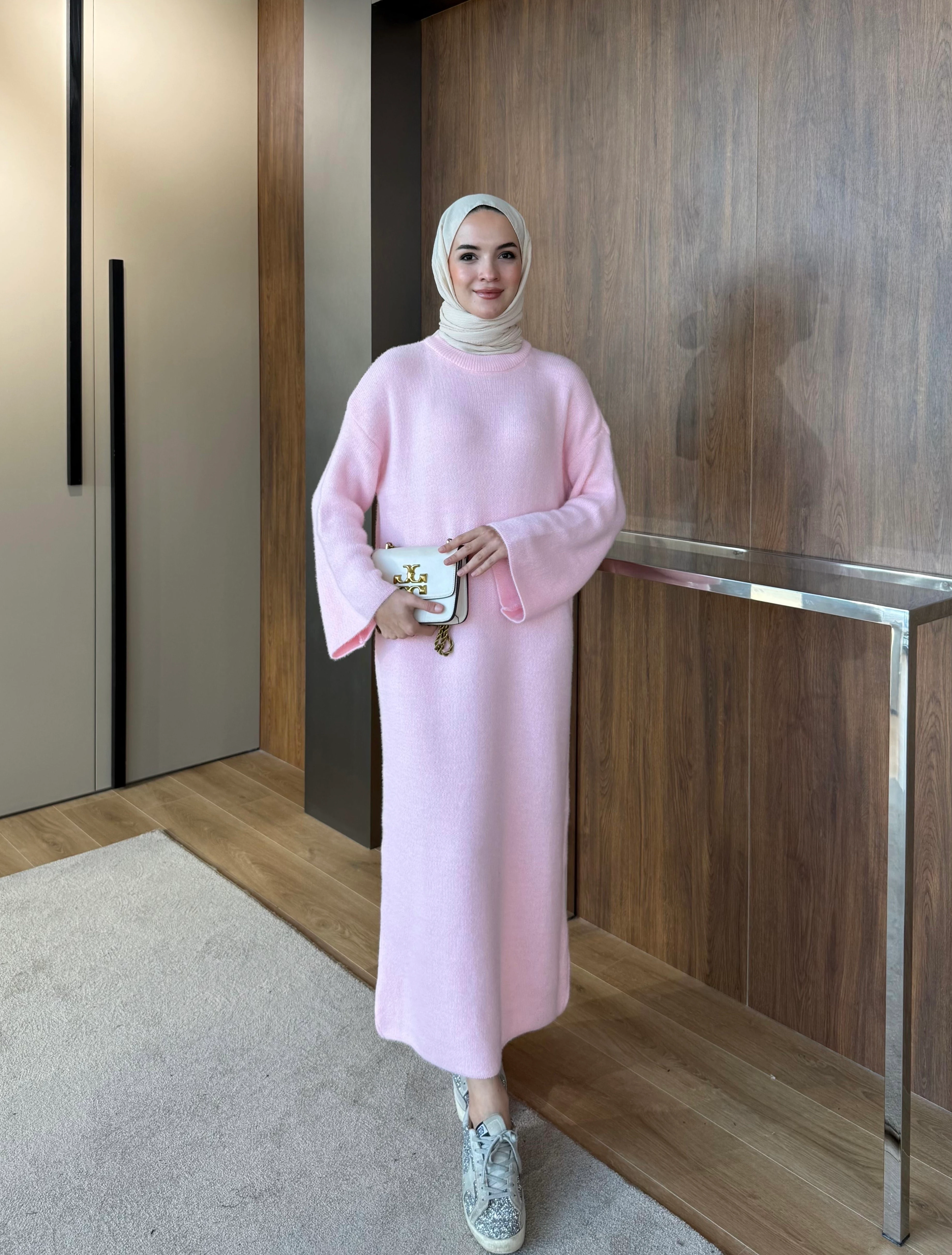 Sakallı Triko Elbise Pembe 